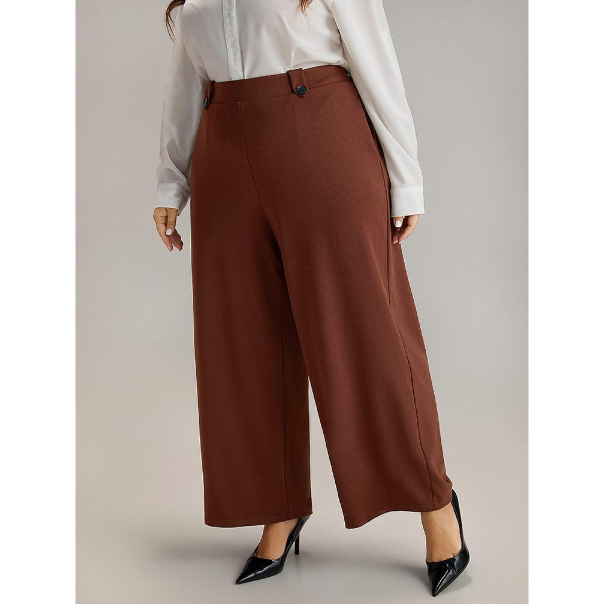 Plus Size Plain Button Detail Straight Leg Pants Women DarkBrown Office Straight Leg High Rise Office Pants BloomChic 10/M Product Image