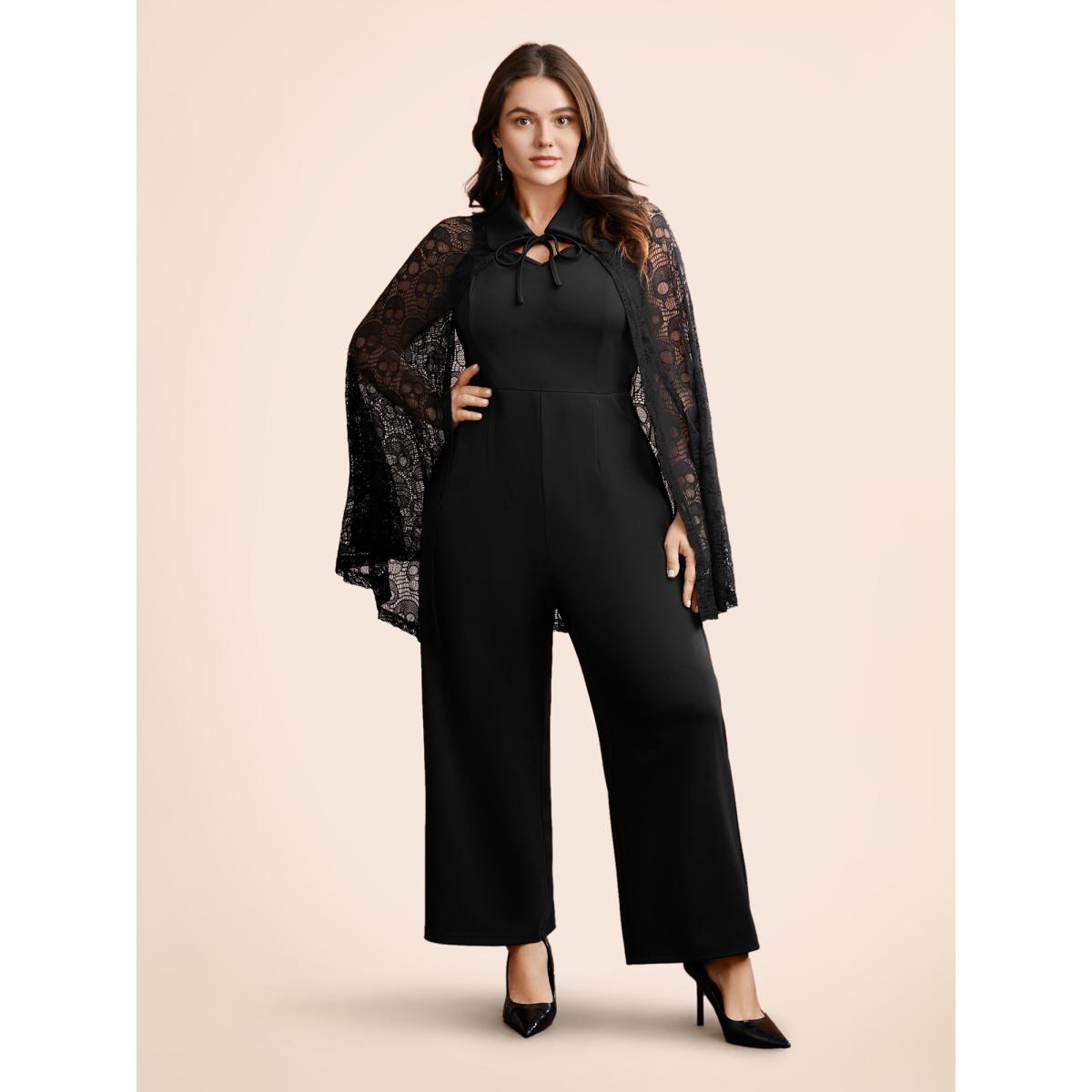Plus Size Black Stretch Fabric Ghostly Cape With Jumpsuit Women Cocktail Sleeveless Shirt collar Party Loose Jumpsuits BloomChic 14-16/1X Product Image