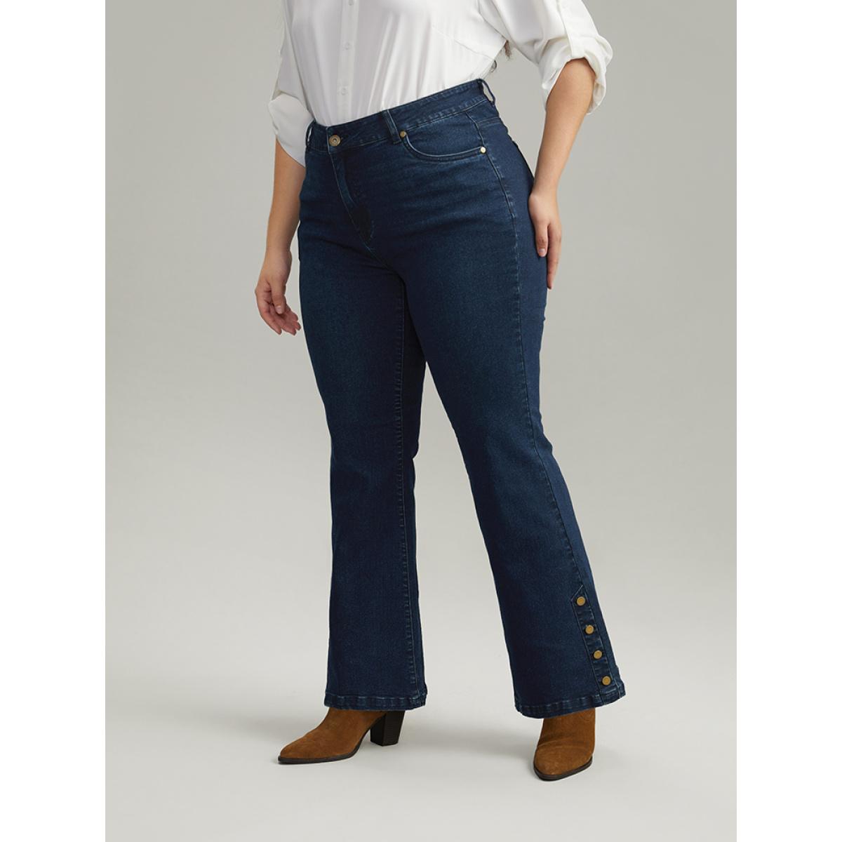 Plus Size Plain Button Detail Flare Leg Full Length Jeans Women Indigo Casual Plain Plain High stretch Pocket Jeans BloomChic 30/6X Product Image
