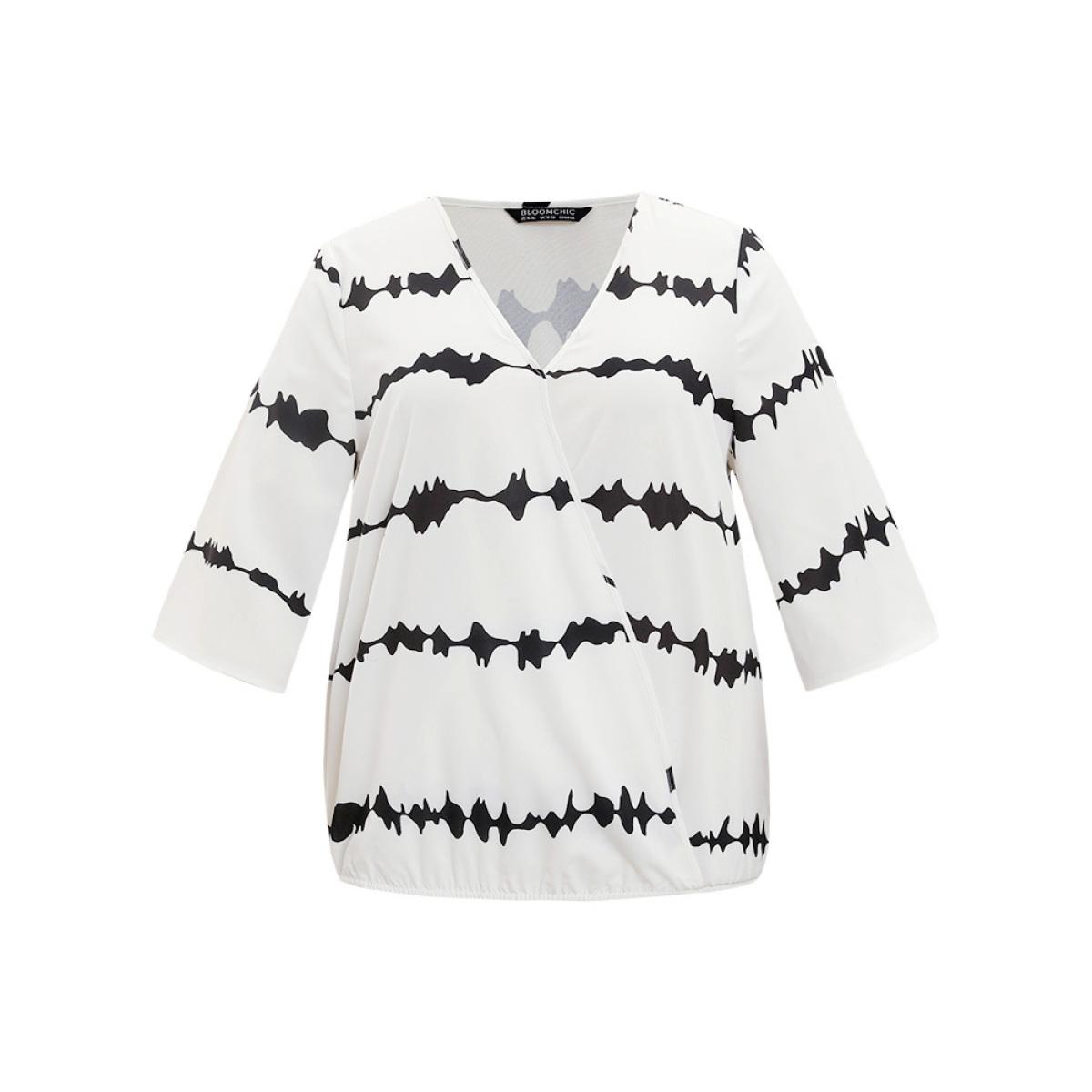 Plus Size White Striped Tie Dye V Neck Gathered Blouse Women Elegant Elbow-length sleeve V-neck Dailywear Blouses BloomChic 10/M Product Image