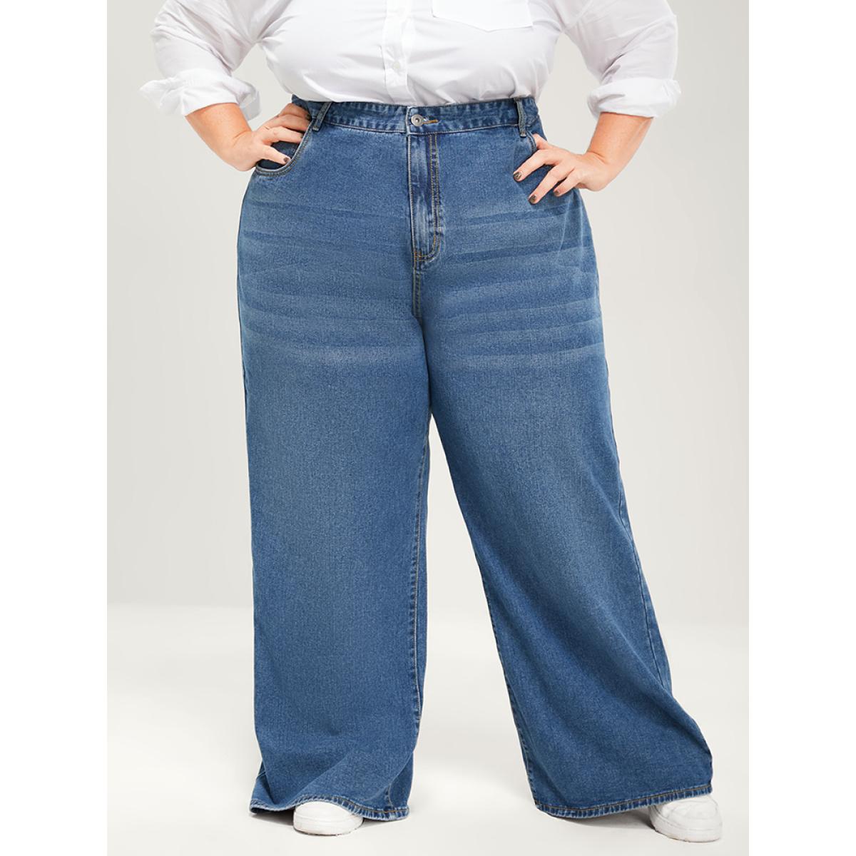 High Waist Plus Size Women Jeans Dailywear Plain Moderately Stretchy Wide Leg Medium Wash Pocket Basic Jeans BloomChic Product Image