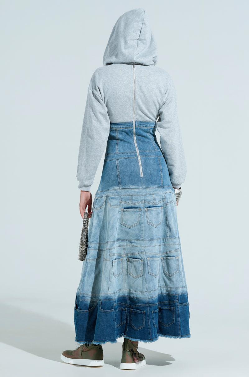 DENIM ON DENIM LAYERED MAXI DRESS WITH HOOD Product Image