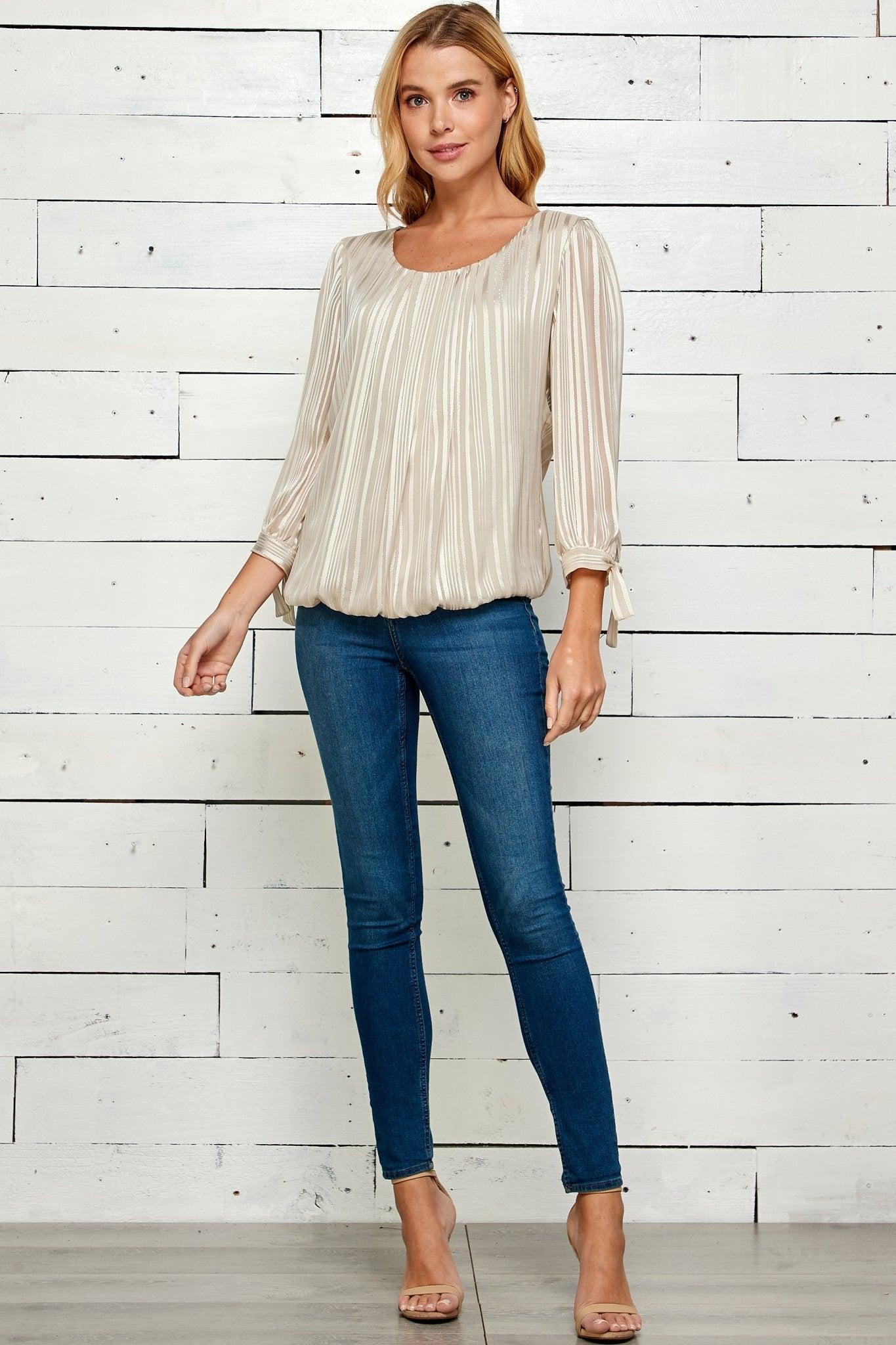 Roz & Ali 3/4 Tie Sleeve Silver Stripe Bubble Blouse Product Image