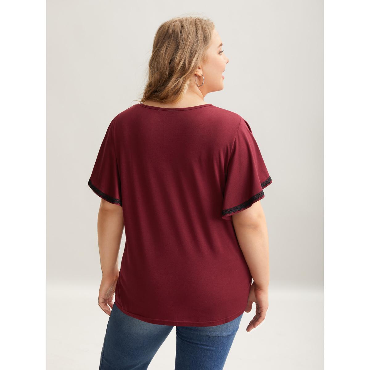 Plus Size Stretchy Color Contrast Flutter Sleeve T-Shirt Scarlet Women Elegant Woven ribbon&lace trim V-neck Everyday T-shirts BloomChic 14-16/1X Product Image