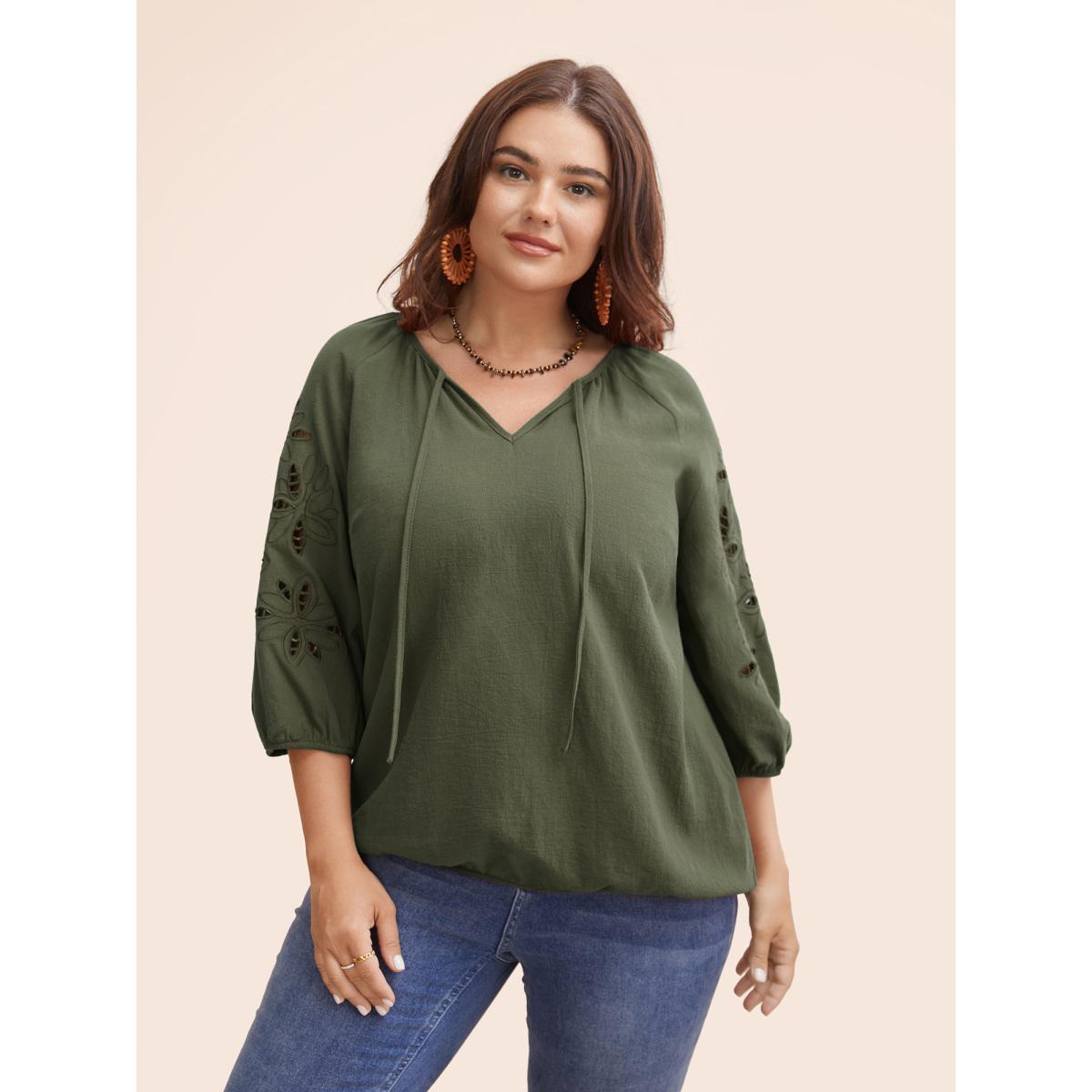 Plus Size Rust Broderie Anglaise Gathered Tie Knot Blouse Women Resort Elbow-length sleeve Round Neck Vacation Blouses BloomChic 26/4X Product Image