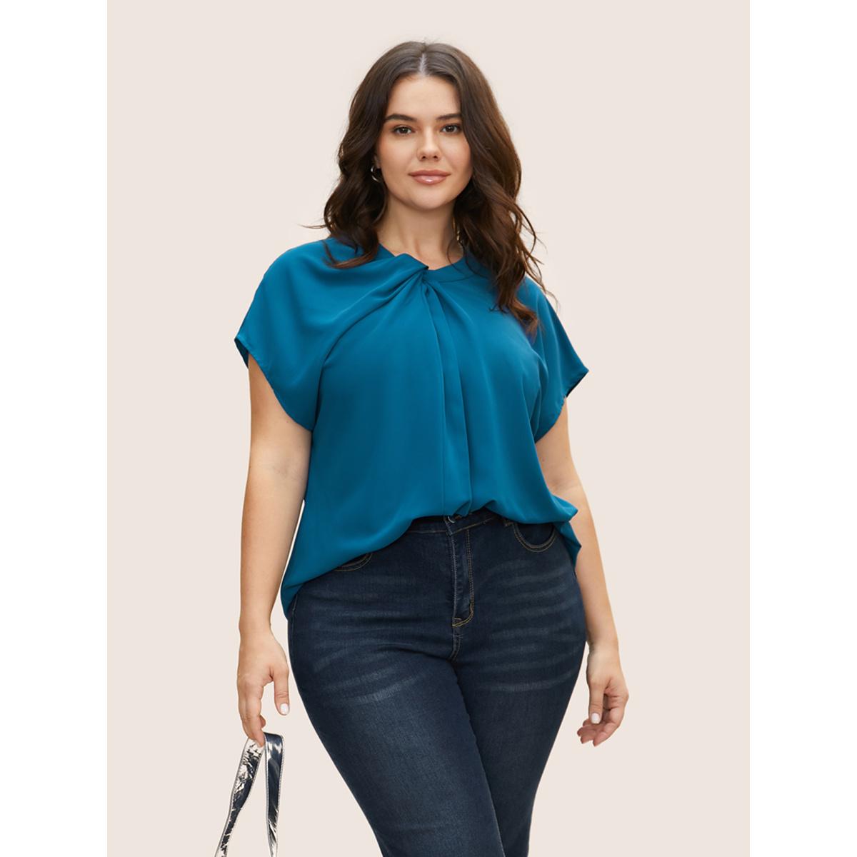 Plus Size Mediumblue Twist Front Pleated Dolman Sleeve Blouse Women At the Office Short sleeve Mock Neck Work Blouses BloomChic 26/4X Product Image