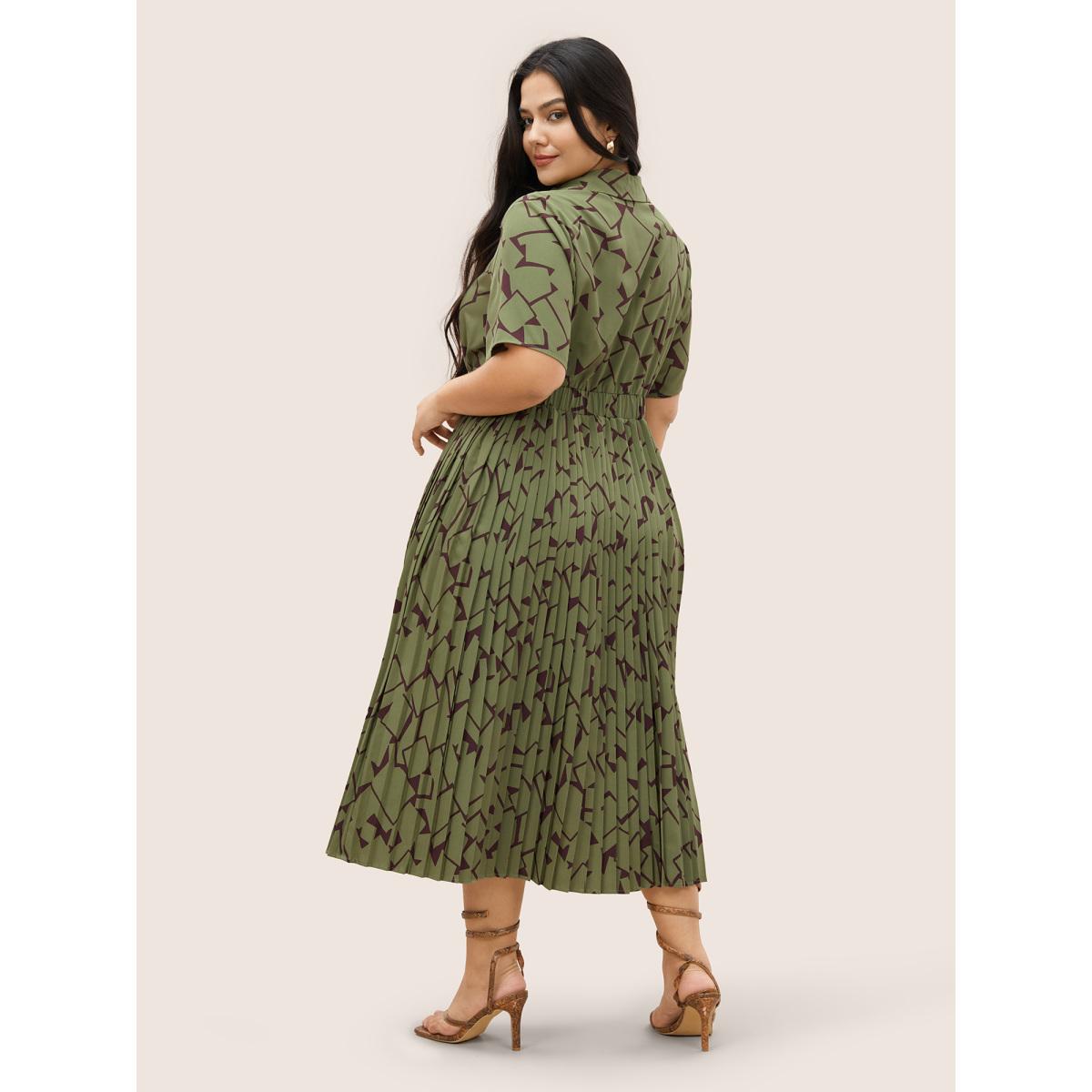 Plus Size Shirt Collar Geometric Button Up Pleated Dress Moss Women At the Office Pleated Shirt collar Short sleeve Curvy Midi Dress BloomChic 26/4X Product Image