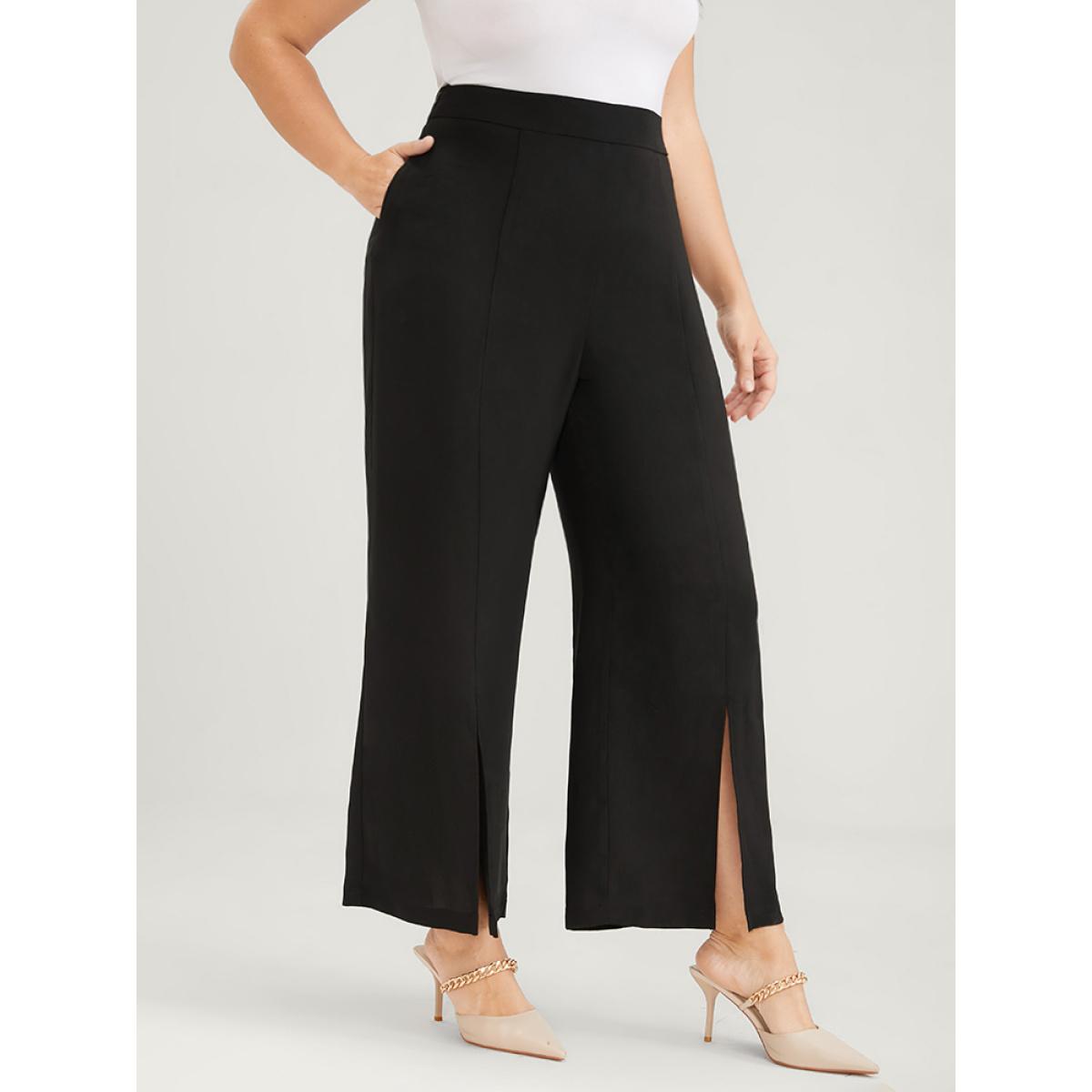Plus Size Solid Pocket Elastic Waist Front Split Hem Pants Women Black Elegant Mid Rise Dailywear Pants BloomChic 12/L Product Image