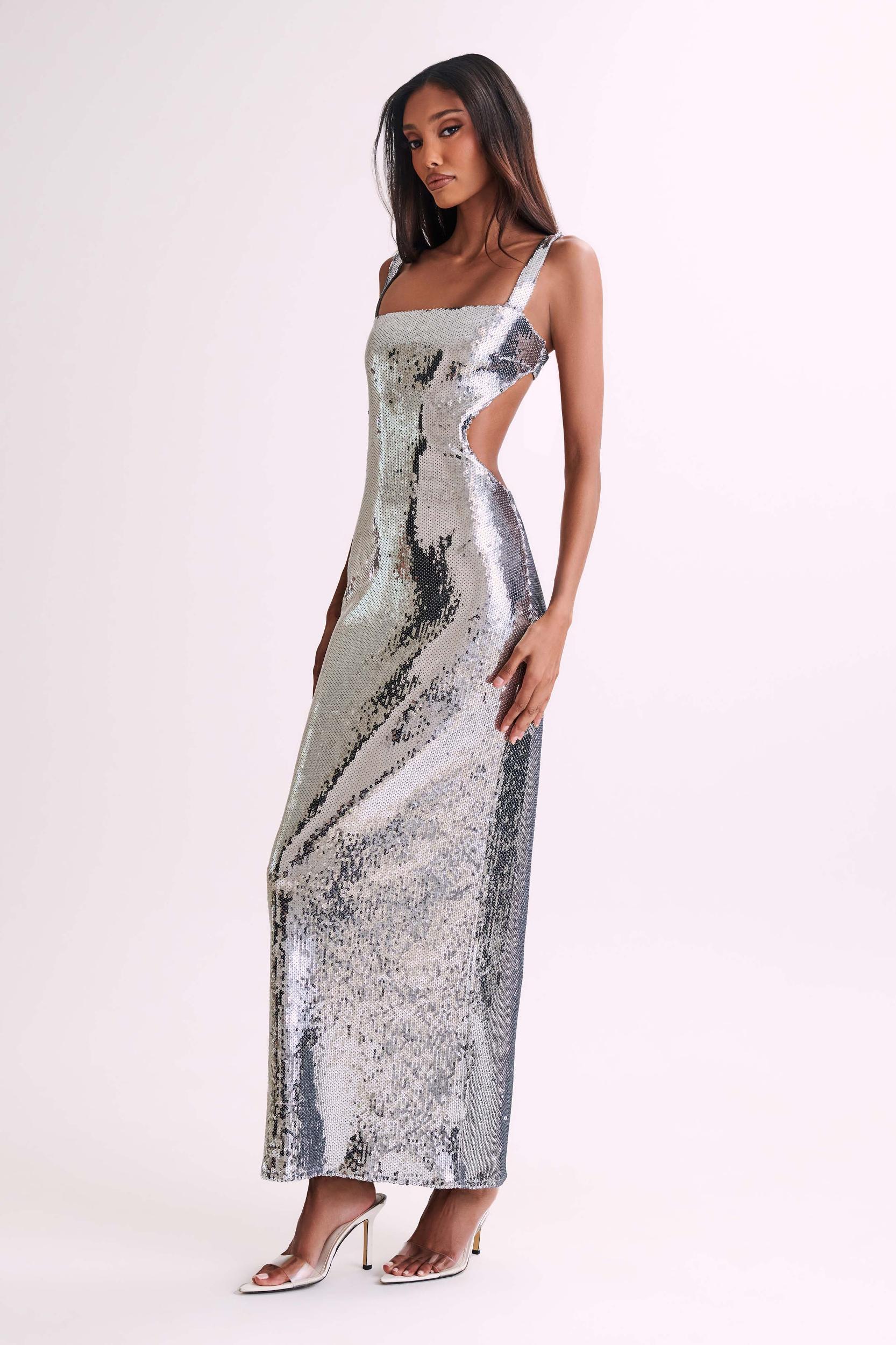 Adoria Sequin Cut Out Maxi Dress - Silver Product Image