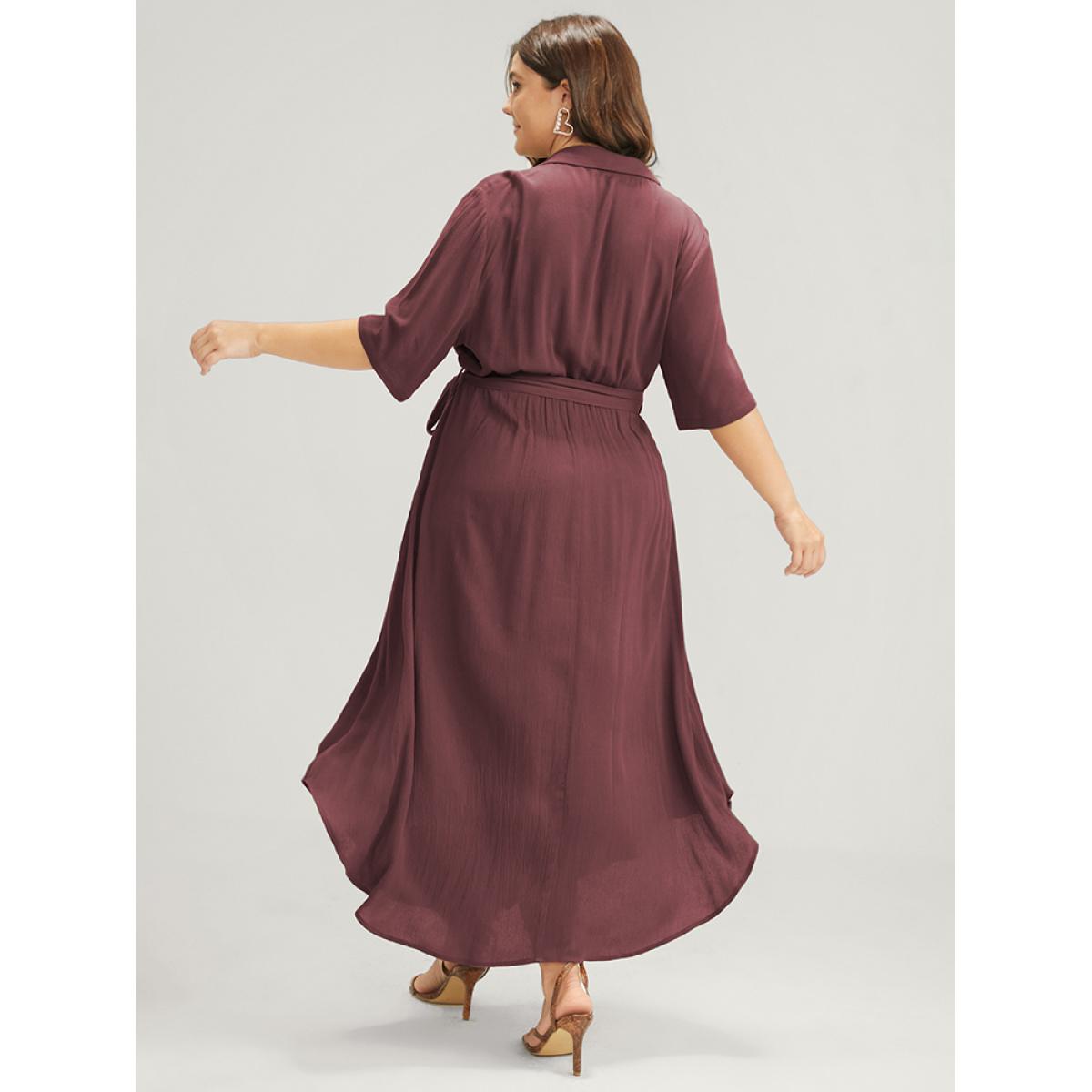 Belted Shirt Collar Button Plus Size Shirtdress Women Workleisure Plain Sleeve Short Sleeve Shirt Collar Pocket Workwear Long Dress BloomChic Product Image