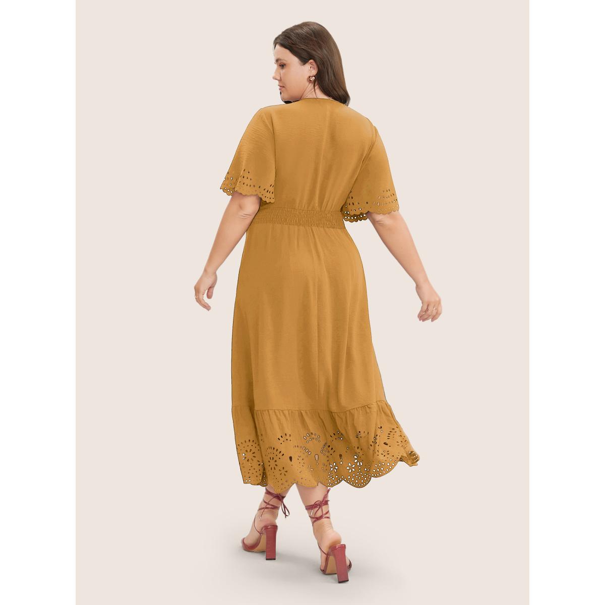 Plus Size Solid Laser Cut Shirred Pocket Wrap Scalloped Trim Flutter Dress Yellow Women Elegant Non V-neck Short sleeve Curvy Midi Dress BloomChic 12/L Product Image