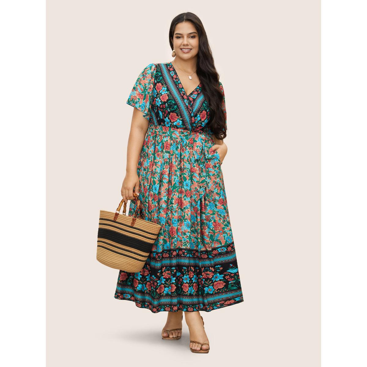 Plus Size Bandana Surplice Neck Pocket Belted Flutter Hem Maxi Dress Multicolor Women Boho Non V-neck Short sleeve Curvy Long Dress BloomChic 30/6X Product Image