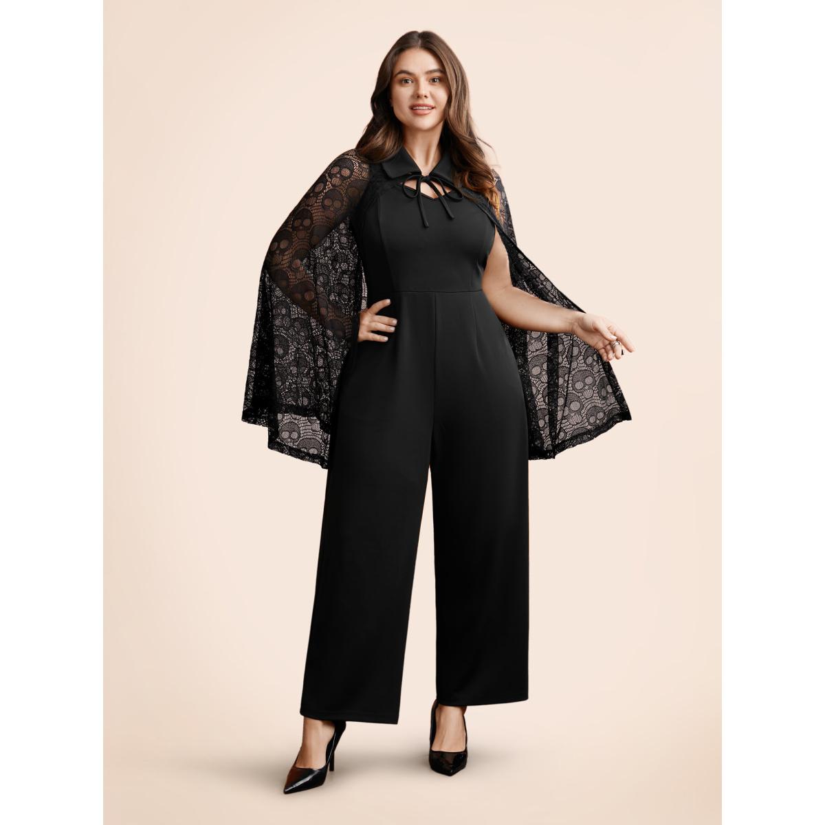 Plus Size Black Stretch Fabric Ghostly Cape With Jumpsuit Women Cocktail Sleeveless Shirt collar Party Loose Jumpsuits BloomChic 14-16/1X Product Image