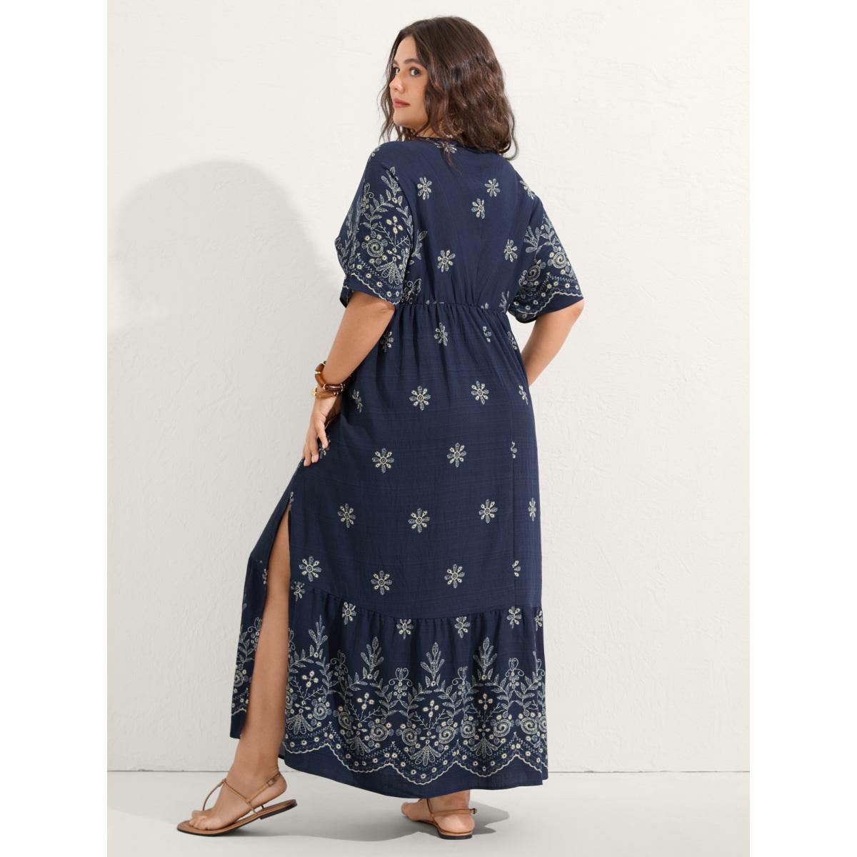 Plus Size Surplice Neck Split Side Pockets Midi Dress Midnight Women Boho Overlapping Overlap Collar Half Sleeve Curvy BloomChic 18-20/2X Product Image