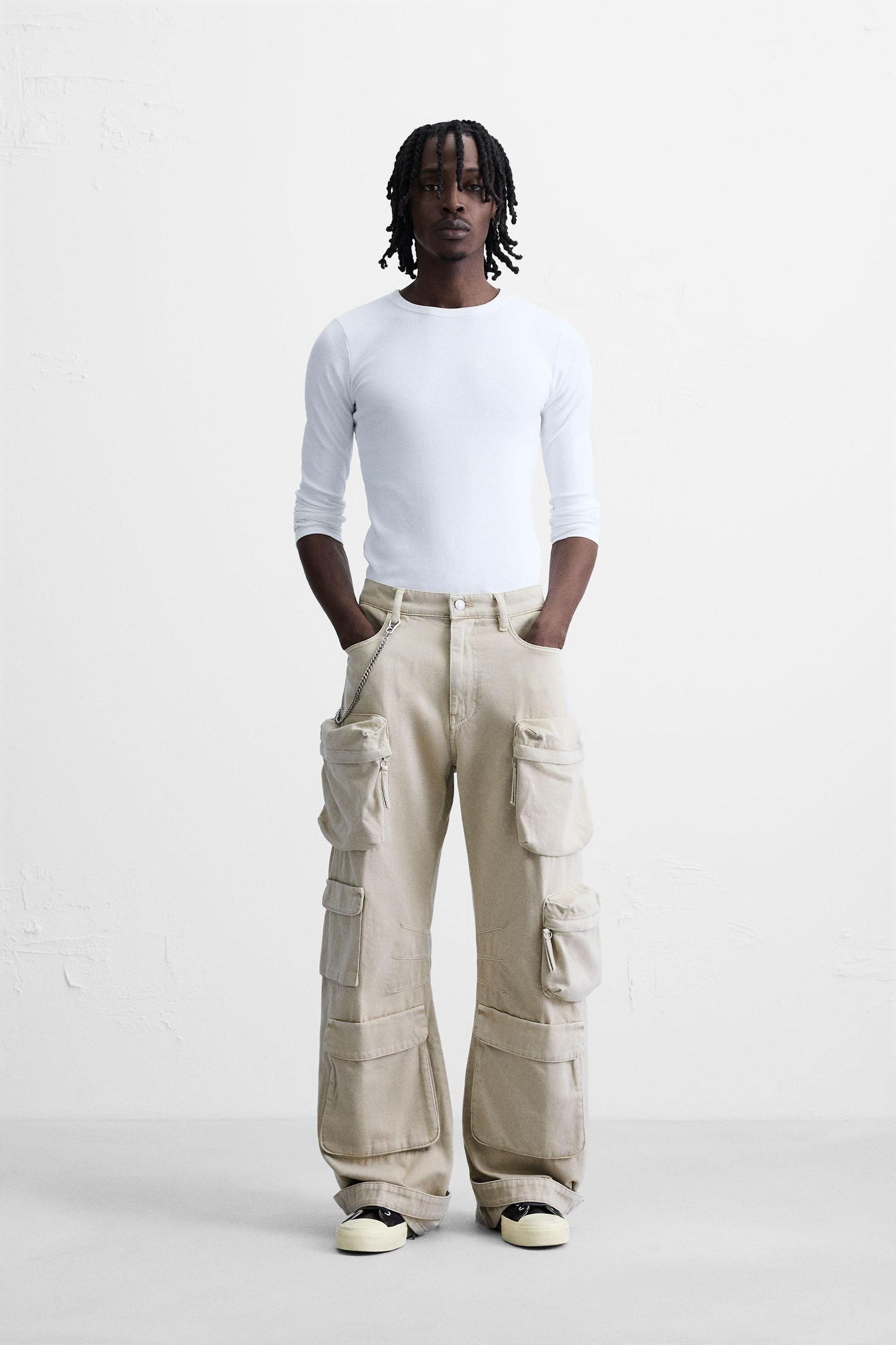 DENIM CARGO PANTS WITH POCKETS Product Image