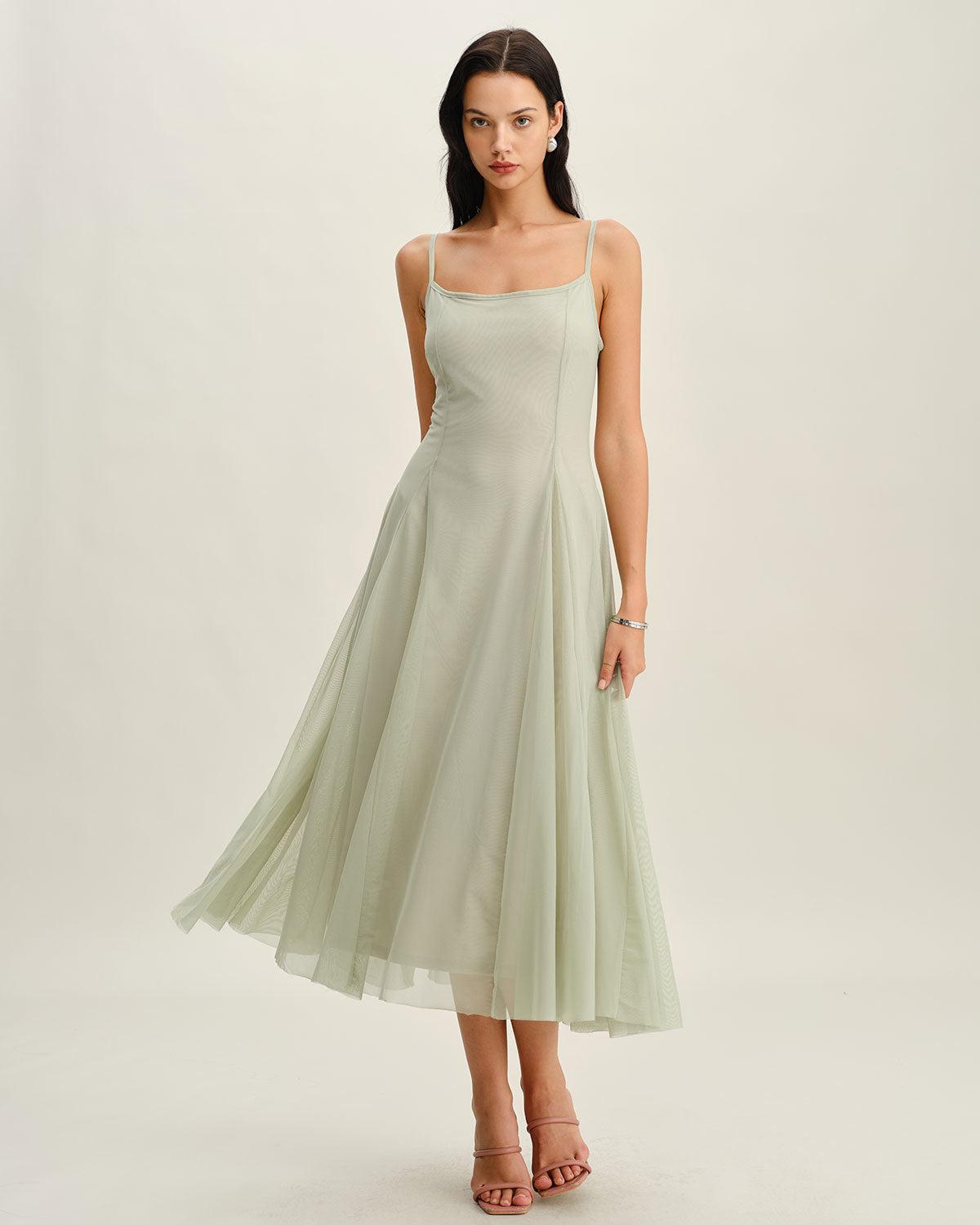 Green A-Line Slip Pleated Midi Dress Product Image