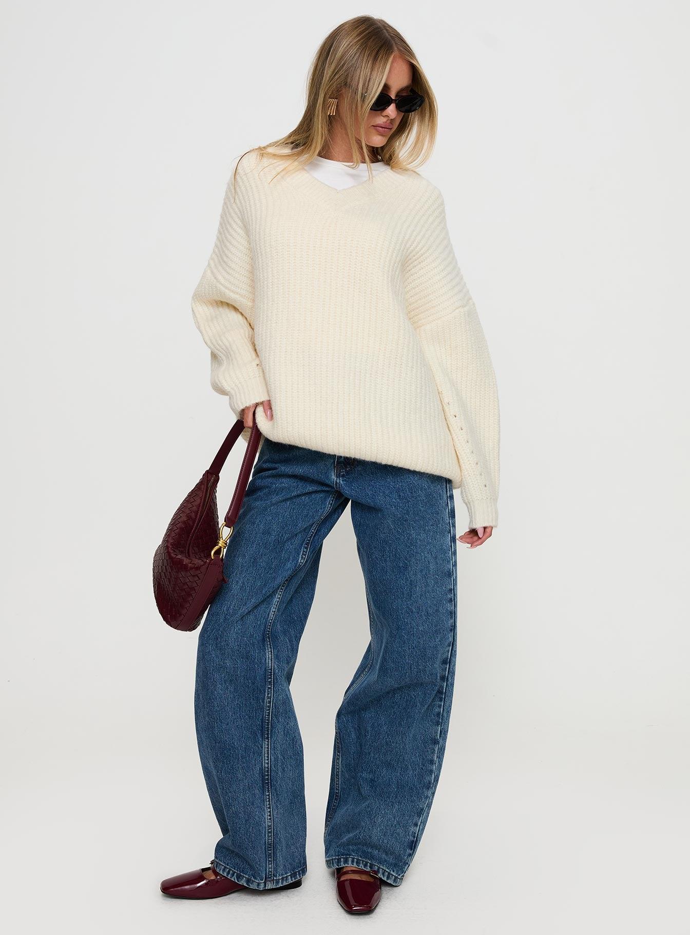 Have It All V Neck Knit Sweater Cream Product Image