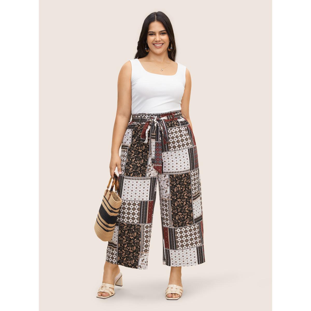 Plus Size Patchwork Floral Belted Wide Leg Pants Women Deepred Resort Wide Leg High Rise Vacation Pants BloomChic 30/6X Product Image