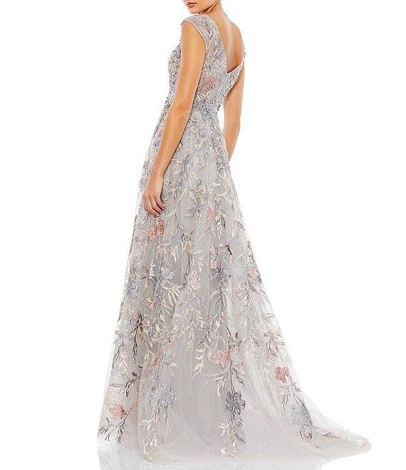 Mac Duggal Floral Embroidered V-Neck Cap Sleeves A-Line Gown Product Image