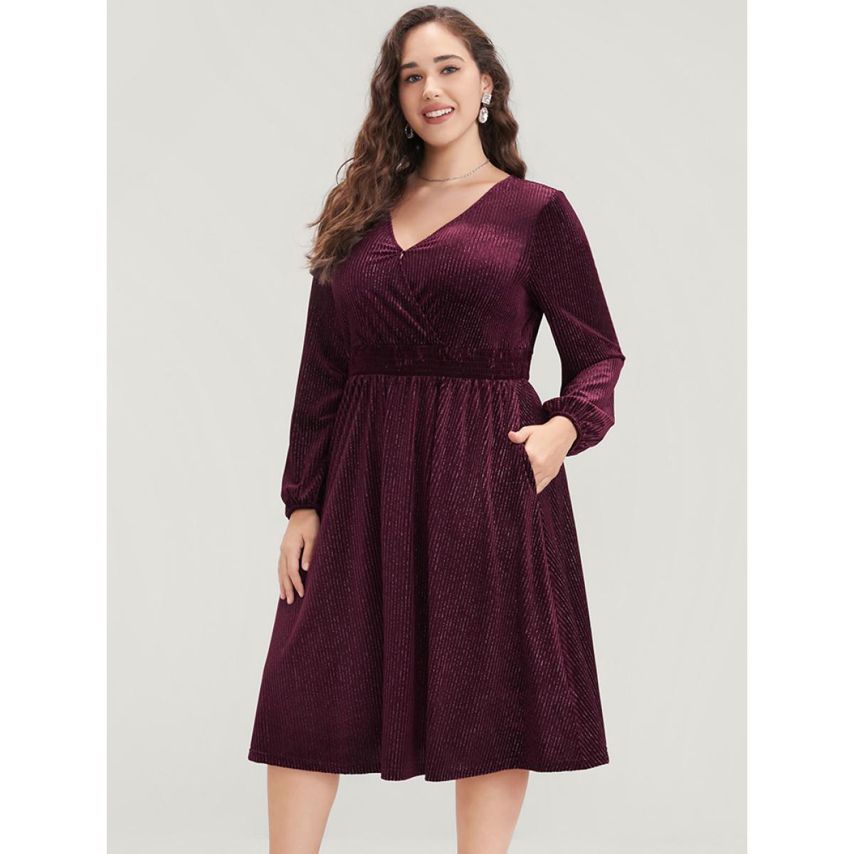 Plus Size Glitter Lantern Sleeve Surplice Neck Shirred Dress Burgundy Women Party Plain V-neck Long Sleeve Curvy Knee Dress BloomChic 18-20/2X Product Image