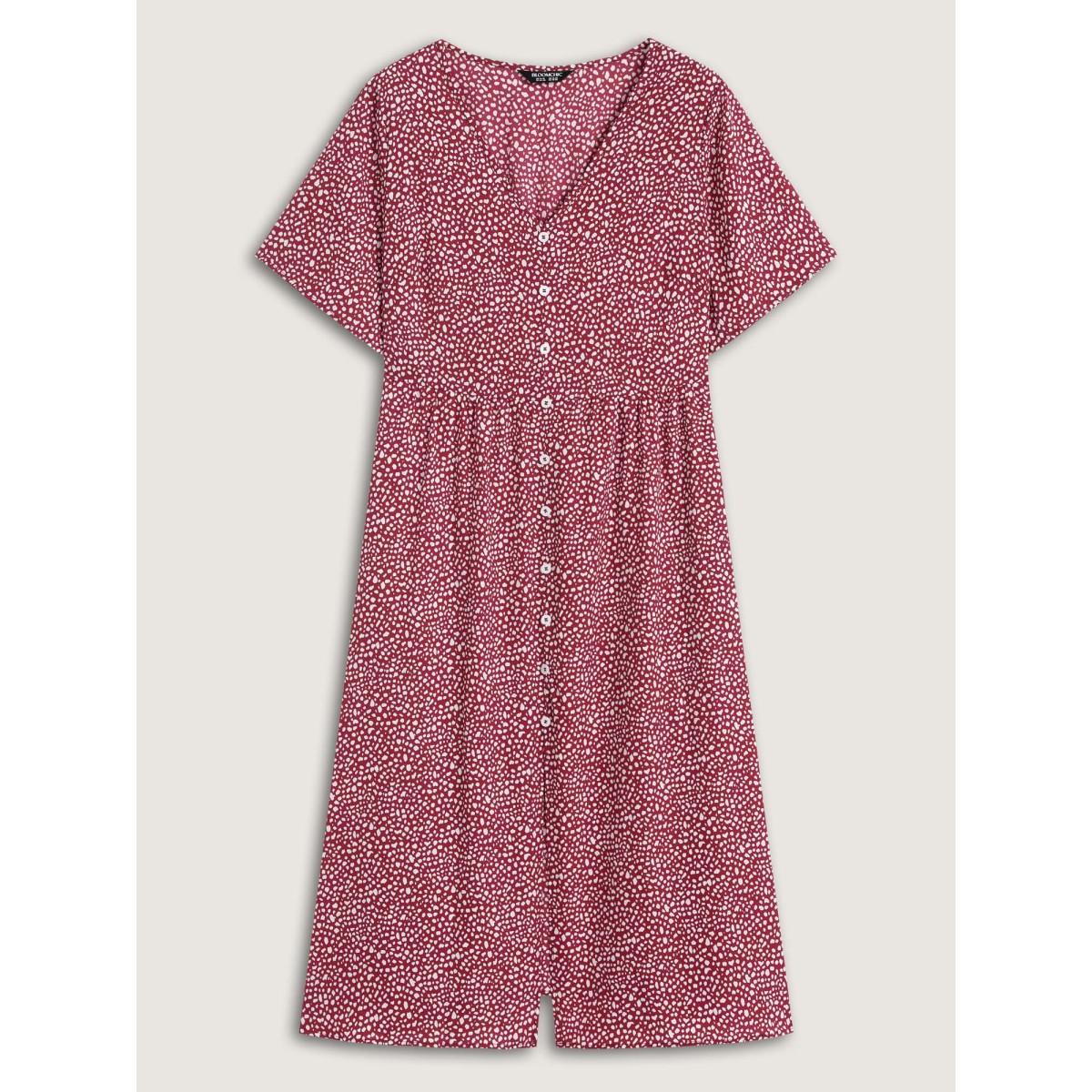 Plus Size Polka Dots Button Front Midi Dress Crimson Women Timeless Button V-neck Short sleeve Curvy BloomChic 26/4X Product Image