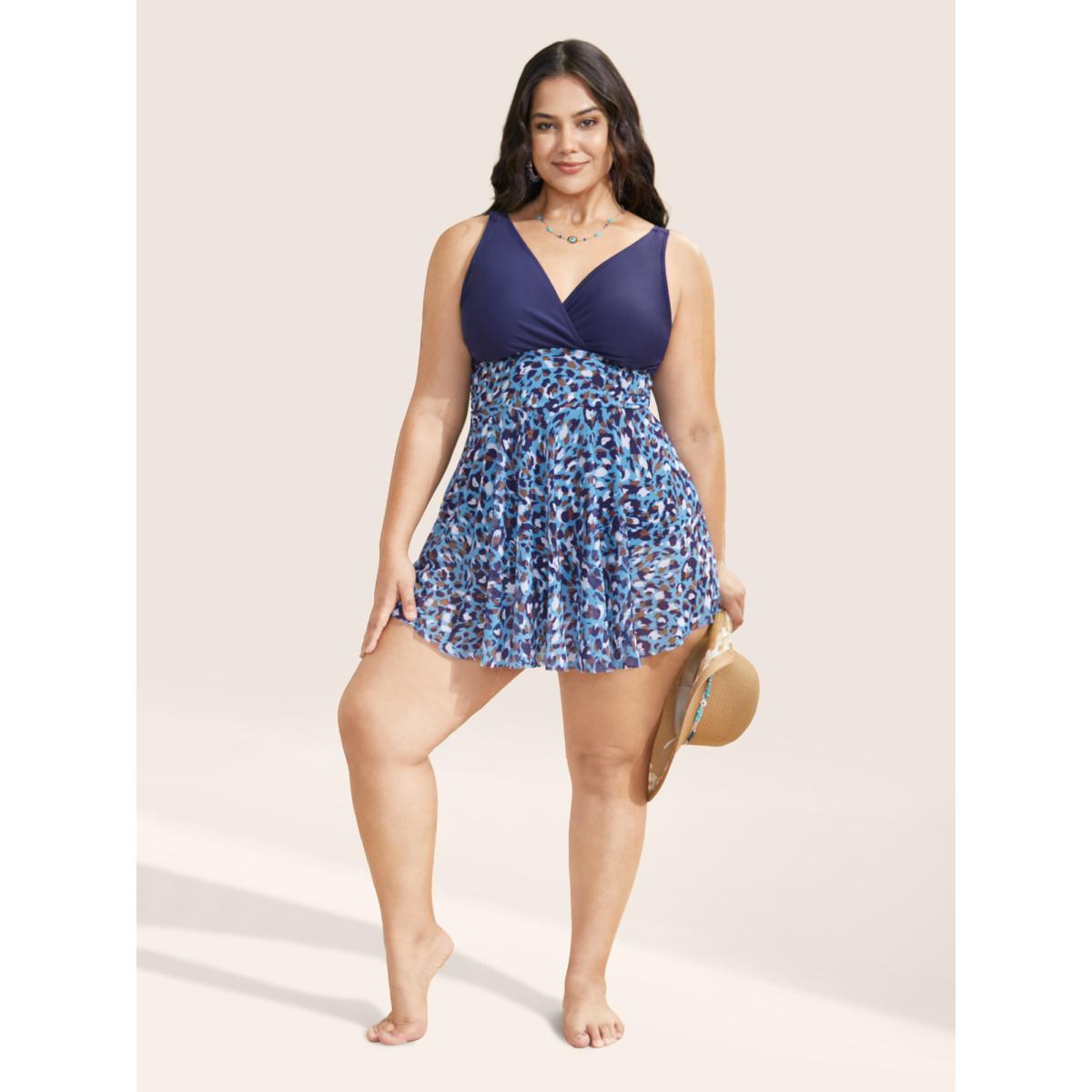 Plus Size V Neck Leopard Print Patchwork Swim Dress Women's Swimwear Indigo Beach Bodycon Overlap Collar High stretch Curve Swim Dresses BloomChic 14-16/1X Product Image