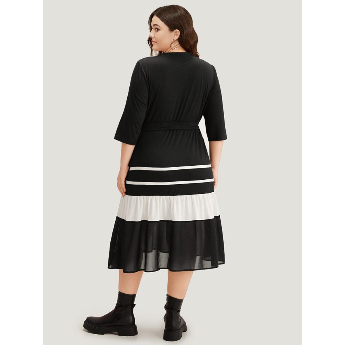 Plus Size Colorblock Contrast Belted Ruffle Layered Hem Dress Black Women Casual See through Round Neck Elbow-length sleeve Curvy Midi Dress BloomChic 28/5X Product Image