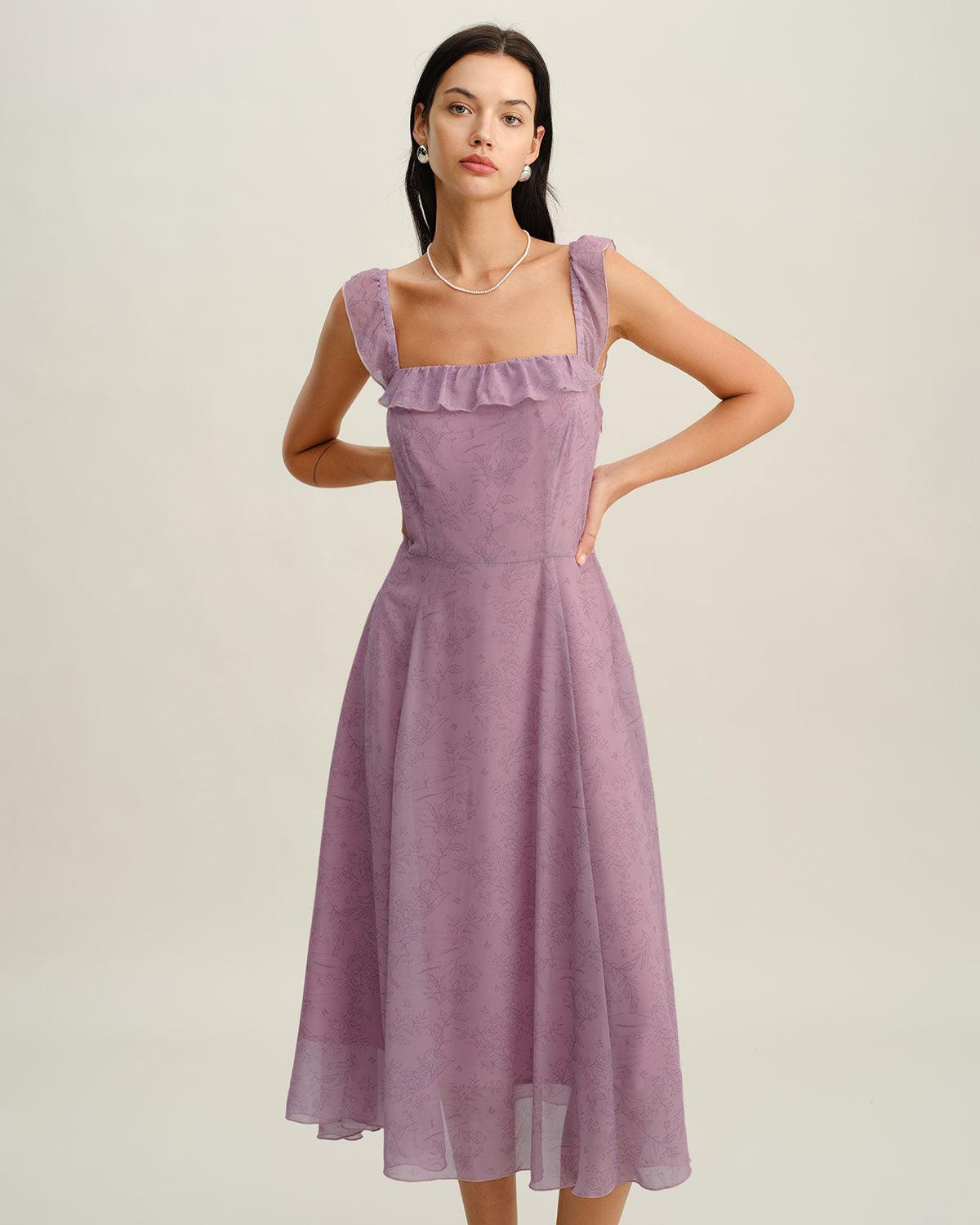 Purple Floral Square Neck Ruffle Slip Midi Dress Product Image