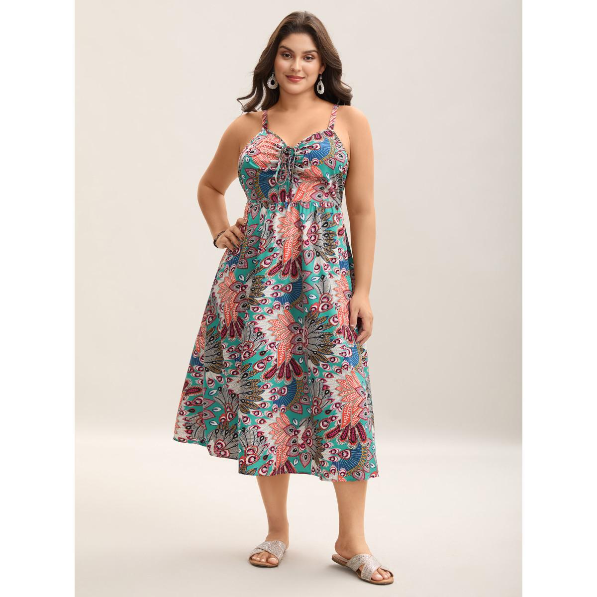 Plus Size Boho Floral Print Pockets Midi Dress Turquoise Women Drawstring V-neck Sleeveless Curvy BloomChic 14-16/1X Product Image