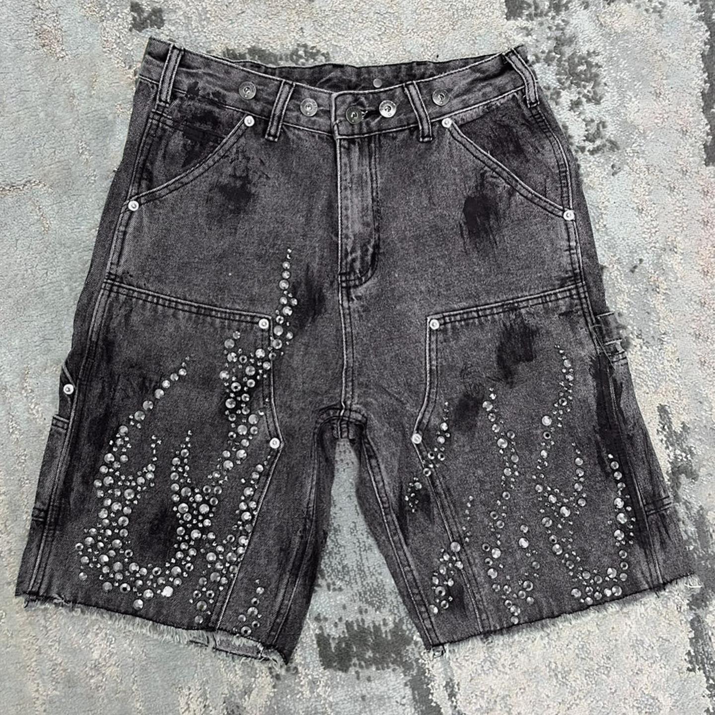 Hiphop Street Flame Rhinestone Five-point Denim Shorts Product Image