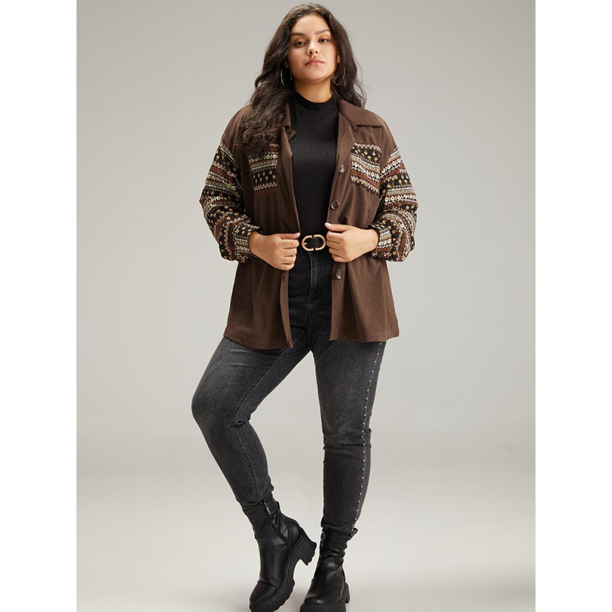 Plus Size Bandana Print Patchwork Button Through Jacket Women DarkBrown Contrast Pocket Dailywear Jackets BloomChic 26/4X Product Image