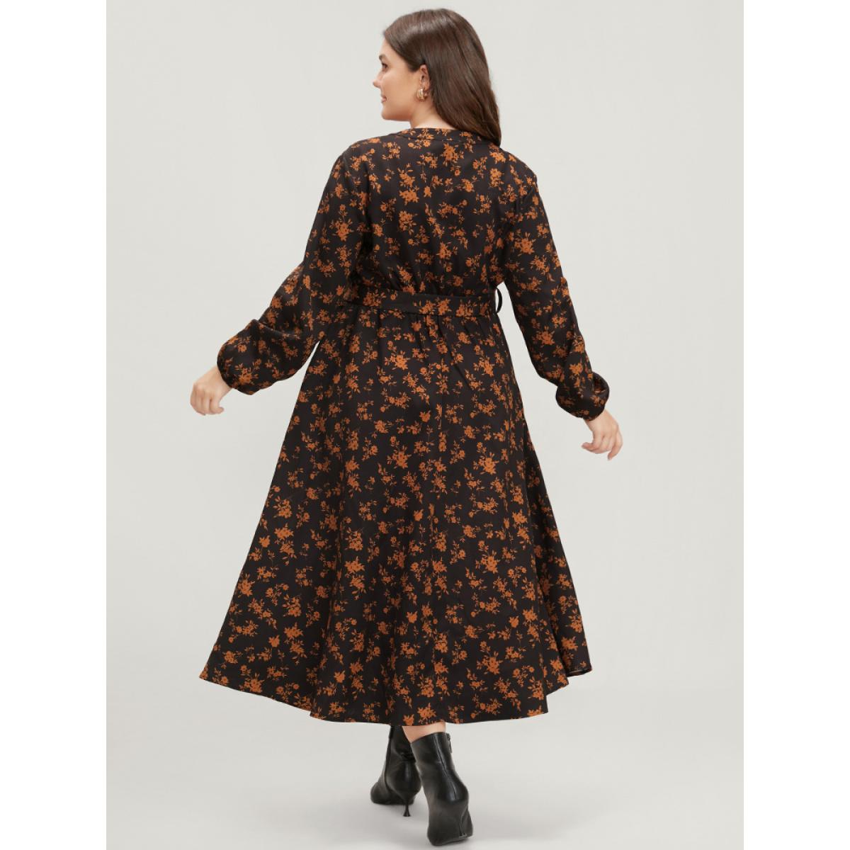 Plus Size Ditsy Floral Pocket Belted Lantern Sleeve Midi Dress Black Women Elegant Button V-neck Long Sleeve Curvy Midi Dress BloomChic 10/M Product Image
