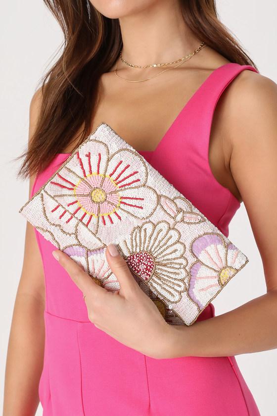 Bead Beautiful Blush Pink Multi Floral Beaded Clutch Product Image