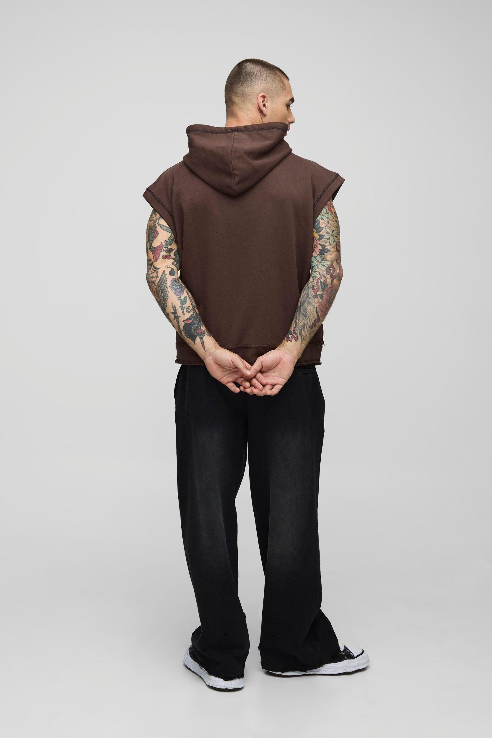 Oversized Boxy Sleeveless Raw Edge Loopback Hoodie | boohooMAN USA Product Image