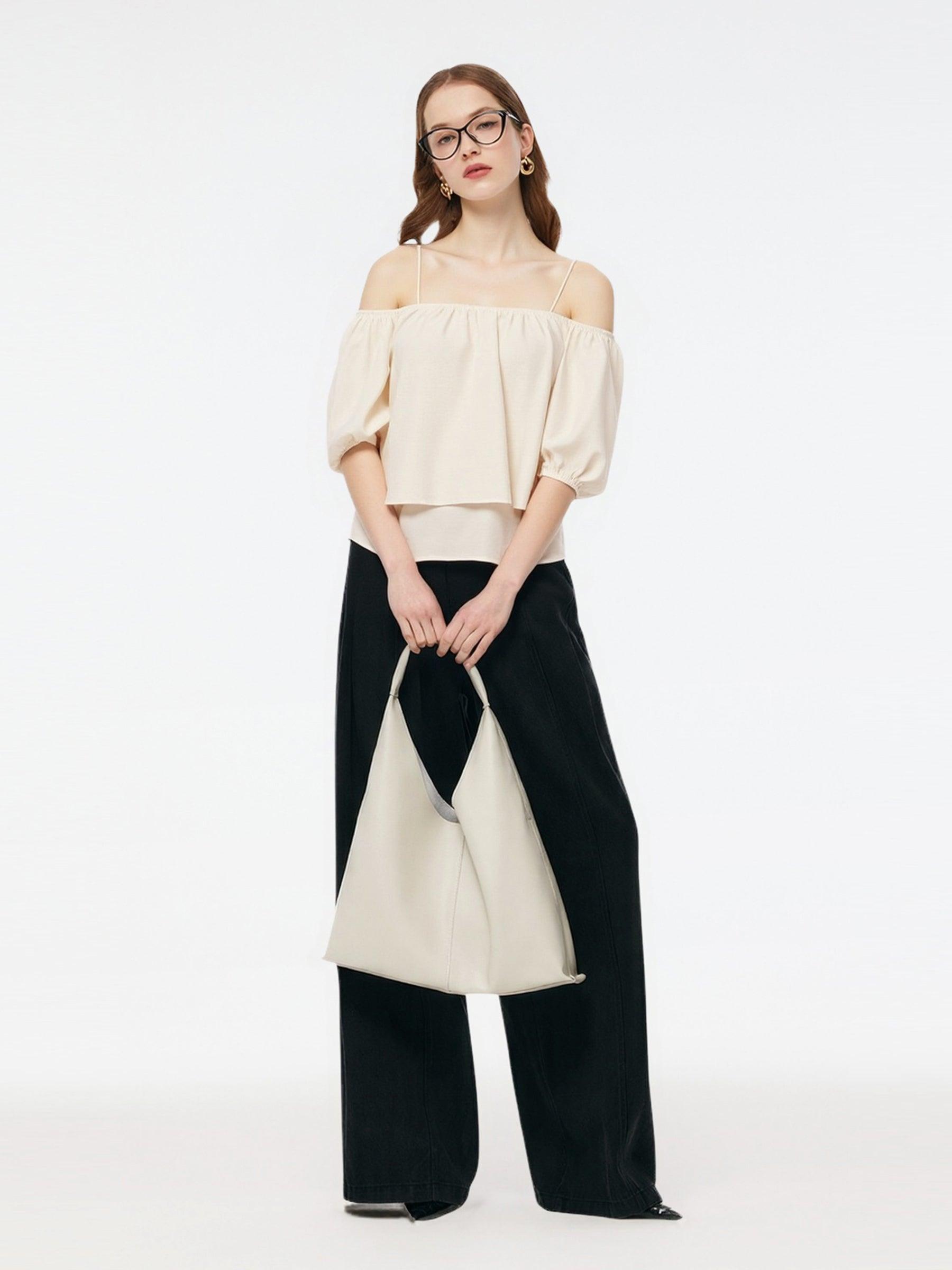 Acetate Blend Convertible Neckline Women Ruffle Hem Top Product Image