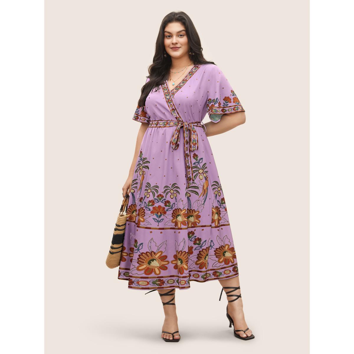 Plus Size Bandana Print Surplice Neck Flutter Sleeve Dress Lilac Women Resort Non V-neck Short sleeve Curvy Midi Dress BloomChic 12/L Product Image