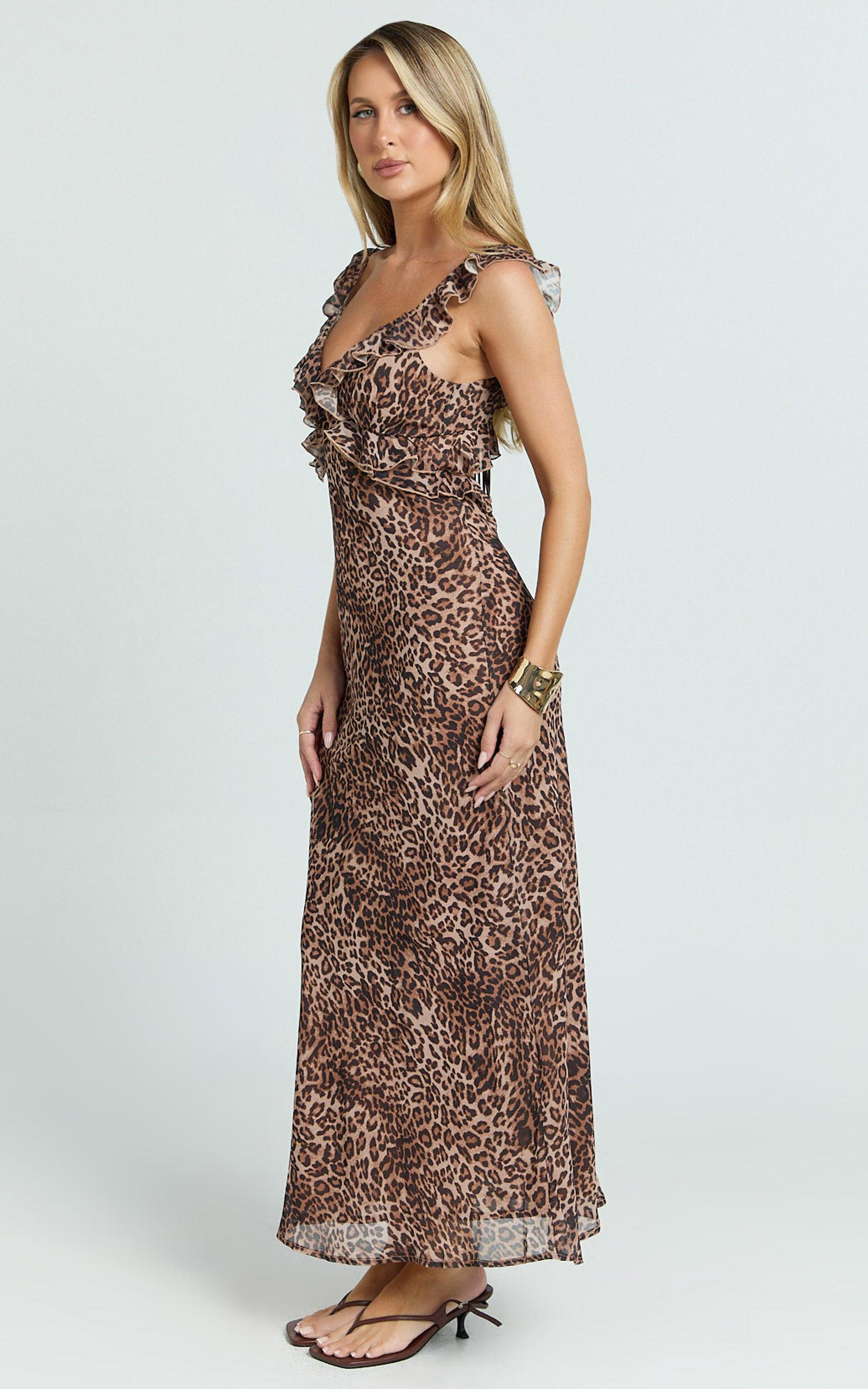 Alessa Maxi Dress - V Neck Frill Detail Empire Waist Back Cut Out Dress in Tonal Leopard Product Image