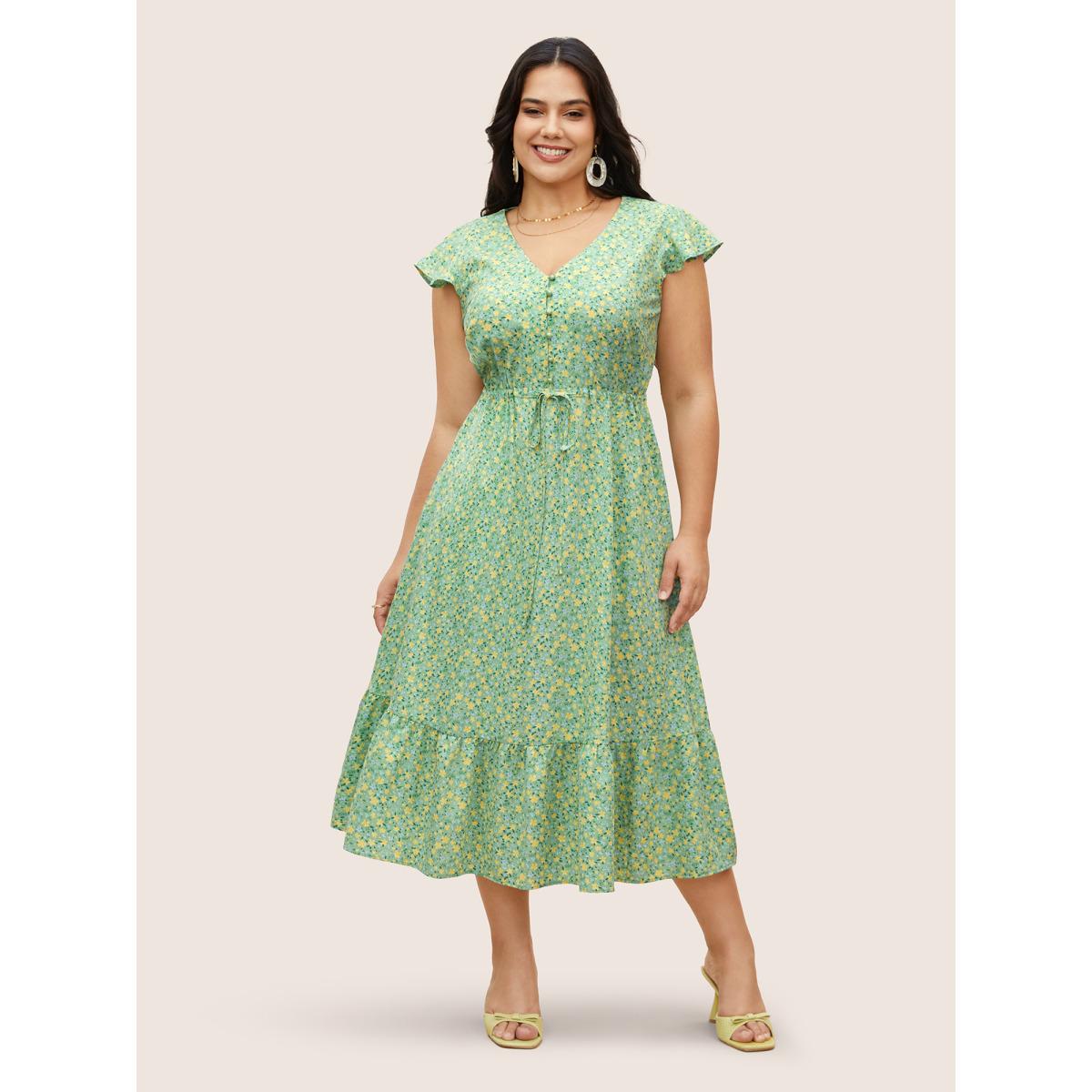 Plus Size Ditsy Floral Ruffles Button Up Drawstring Dress Mint Women Elegant Patchwork Round Neck Cap Sleeve Curvy BloomChic 30/6X Product Image