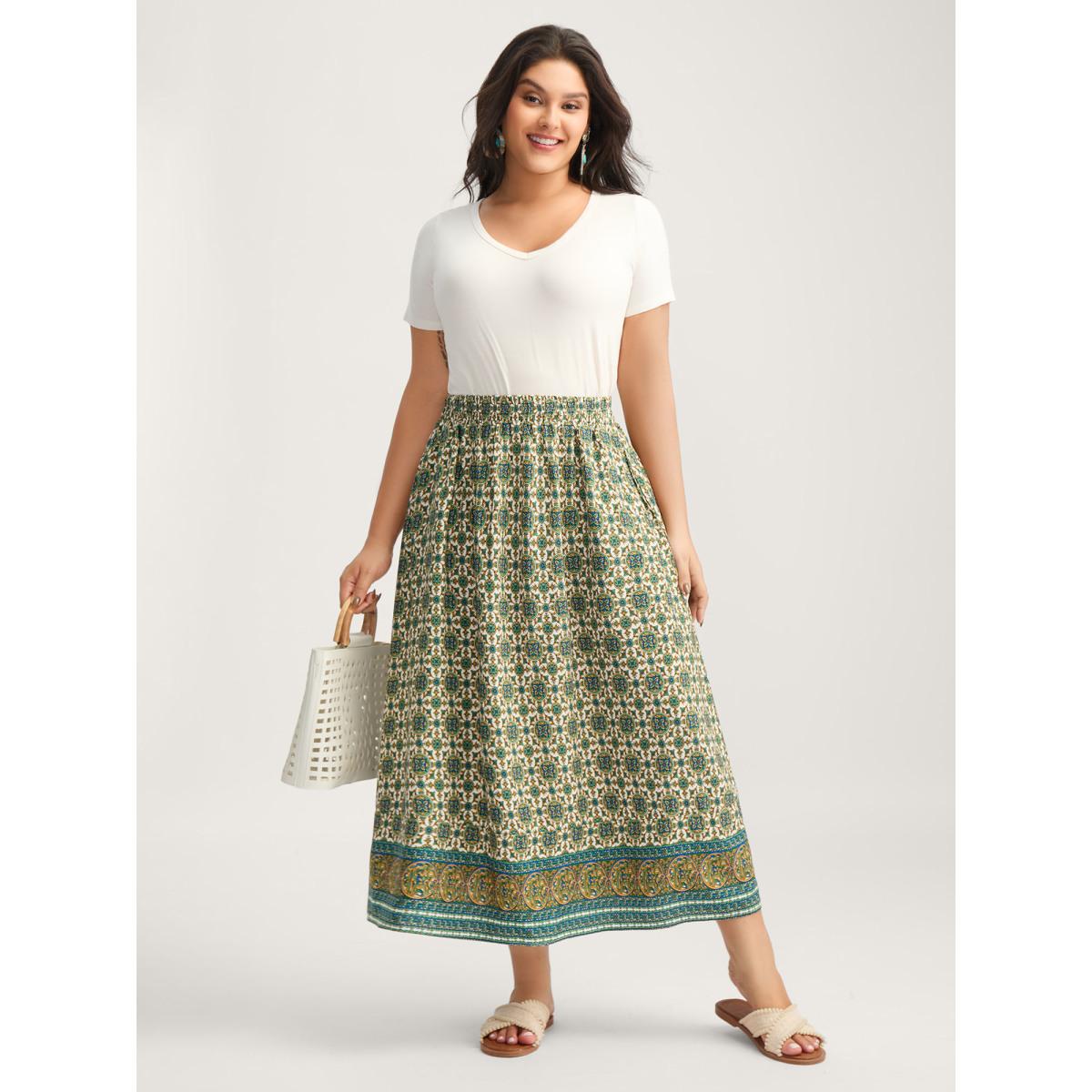 Plus Size Breezy Boho Print Stretchy Maxi Skirt Women Emerald Loose No stretch Side seam pocket Vacation Skirts BloomChic 14-16/1X Product Image