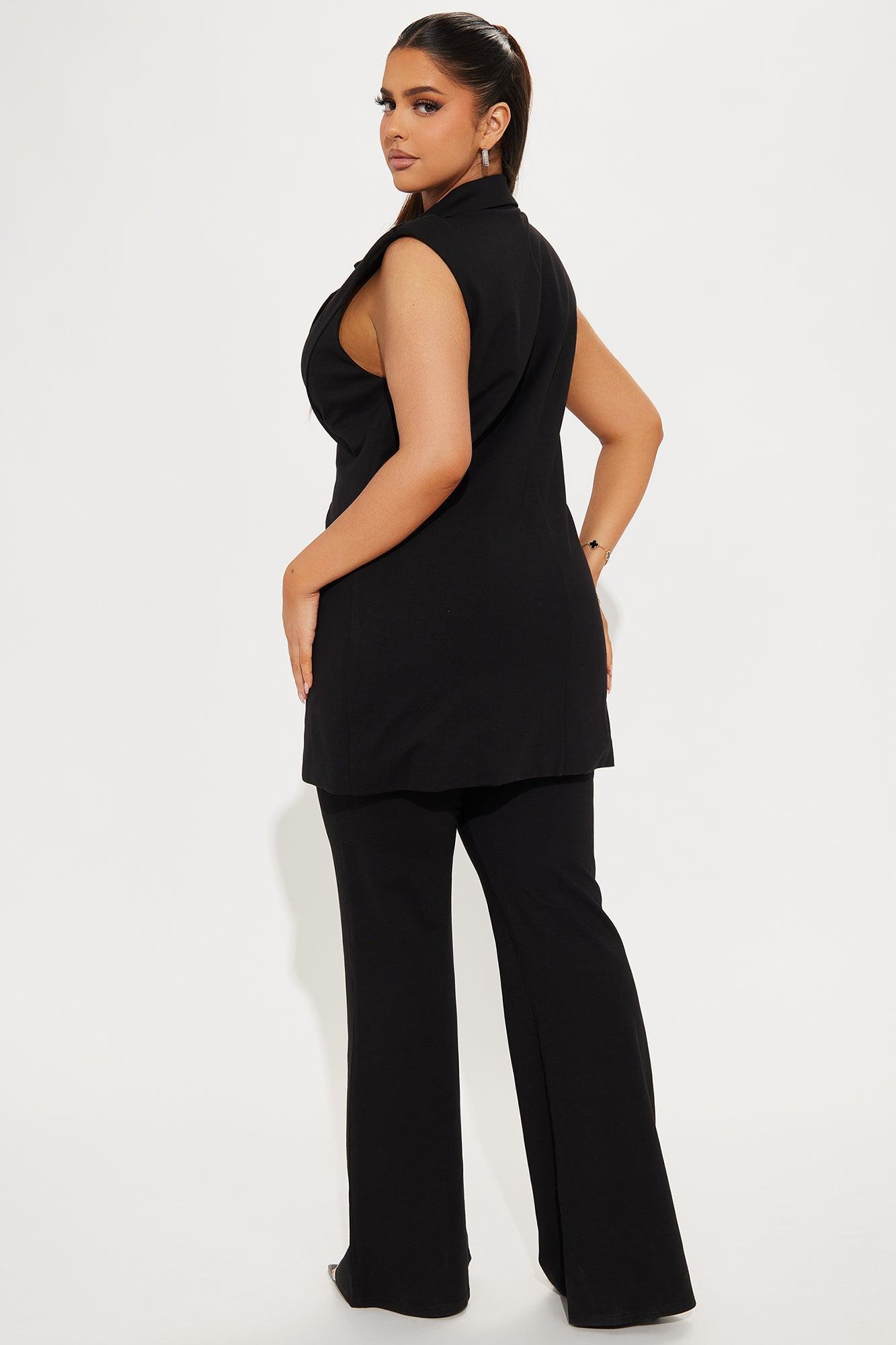 The Mia Double Lined Ponte Long Vest Pant Set - Black Product Image