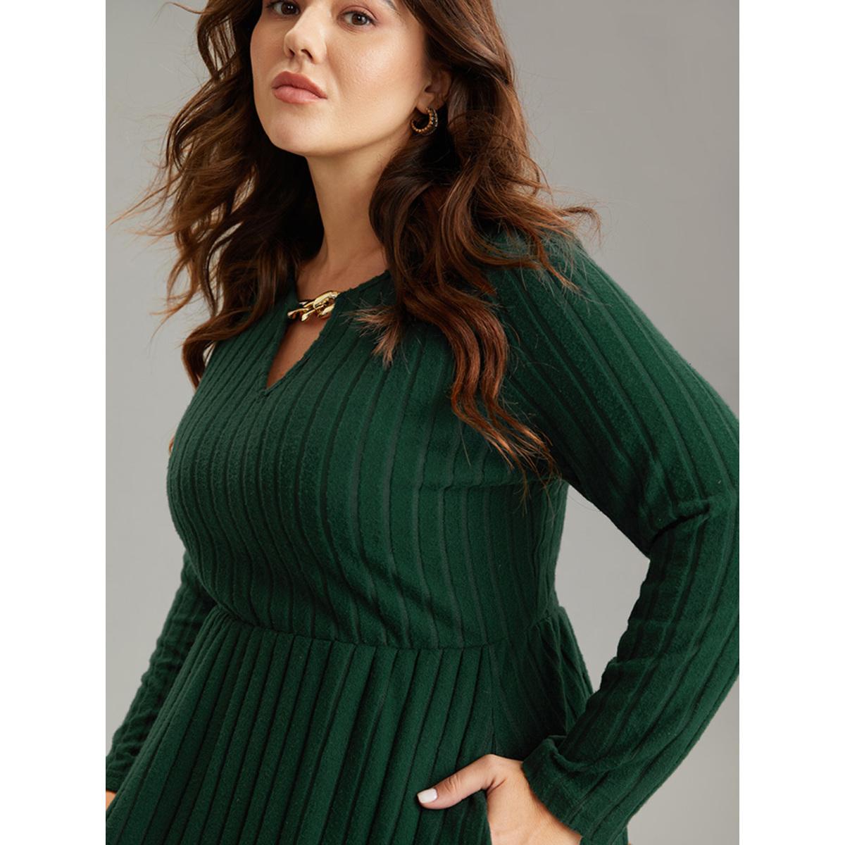 Plus Size Rib Knit Plain Notched Pocket Dress DarkGreen Women Work From Home Rib Knit Notched collar Long Sleeve Curvy Midi Dress BloomChic 18-20/2X Product Image