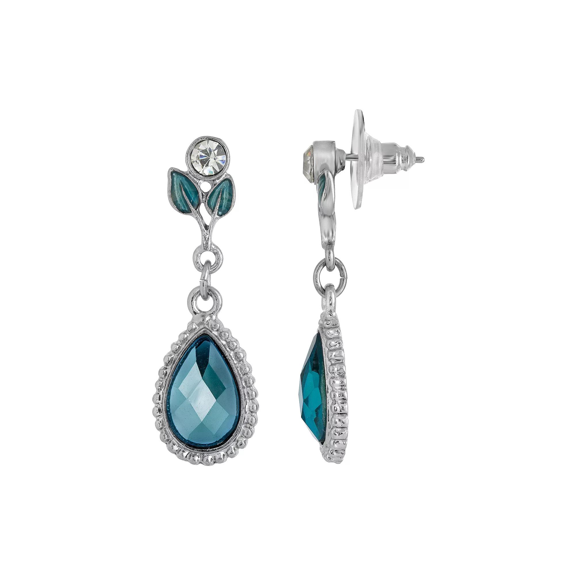 1928 Silver Tone Blue Leaf Teardrop Earrings, Women's Product Image