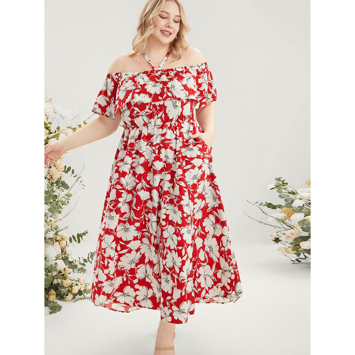 Plus Size Floral Print Pocket Ruffles Trim Split Halter Maxi Dress Scarlet Women Elegant Elastic Waist Halter neck Short sleeve Curvy Long Dress BloomChic 22-24/3X Product Image