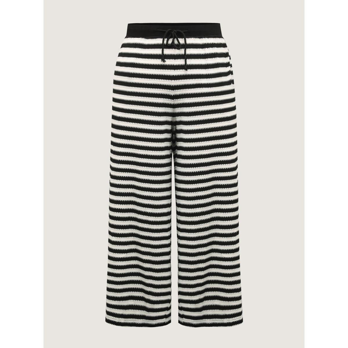 Plus Size Stripe Drawstring Waist Straight-Leg Pants Women Black Leisure Loose Mid Rise Casual Pants BloomChic 18-20/2X Product Image