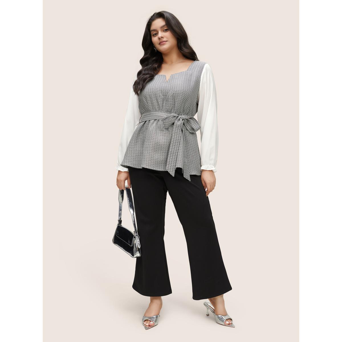 Plus Size Multicolor Notched Tweed Patchwork Belted Blouse Women Office Long Sleeve Notched collar Work Blouses BloomChic 12/L Product Image