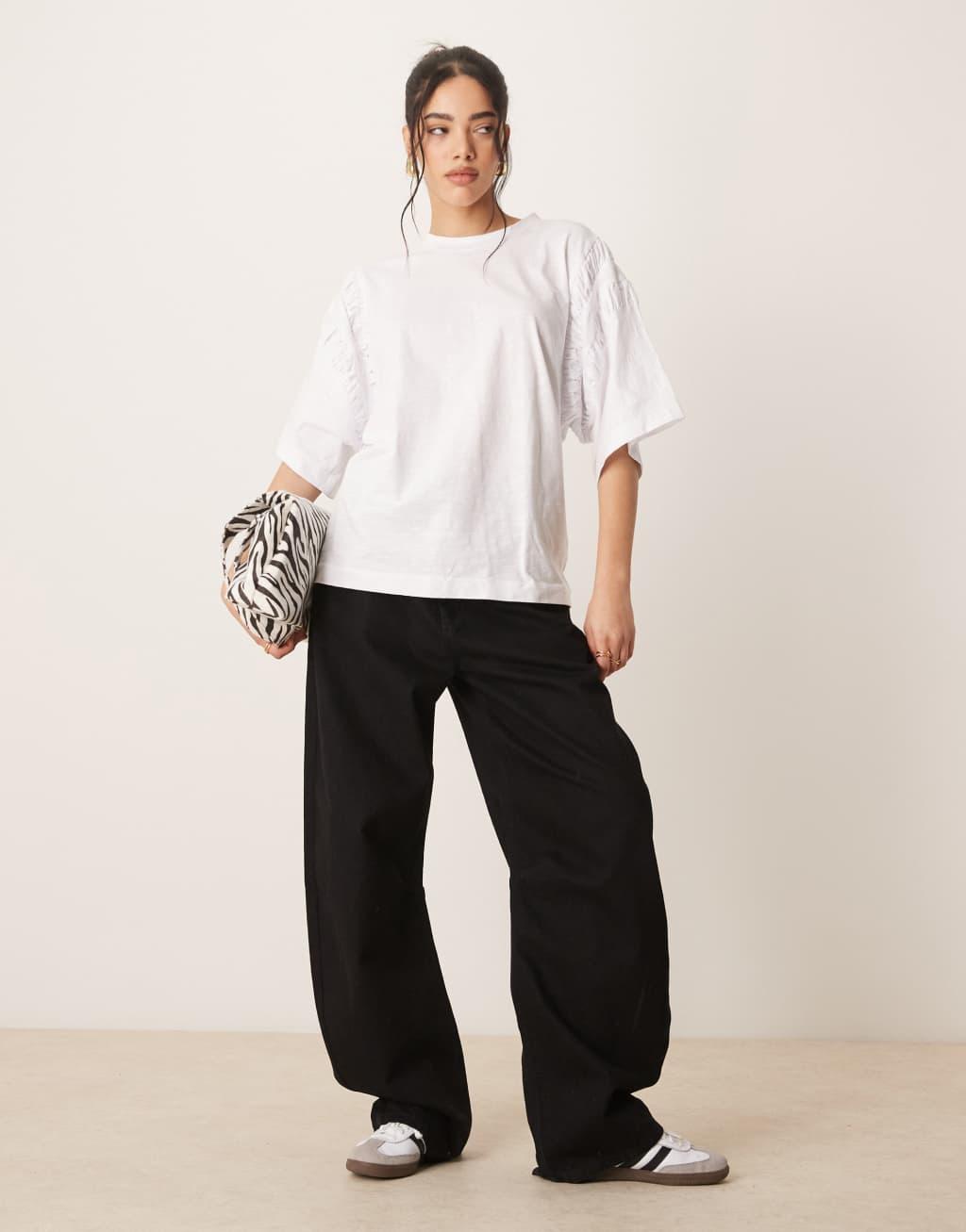 ASOS DESIGN oversized t-shirt with ruched sleeve detail in white Product Image