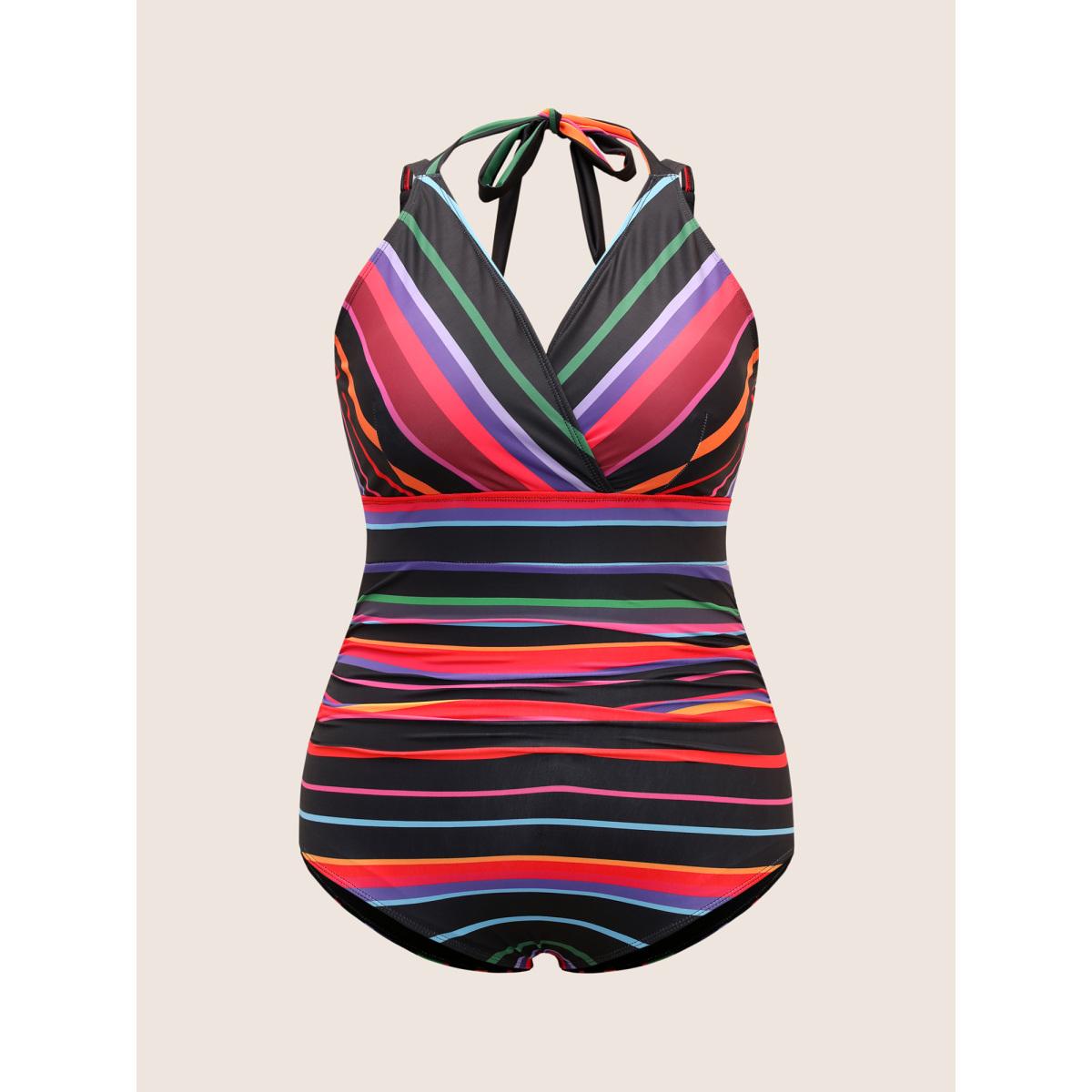 Plus Size Contrast Striped Tie Knot One Piece Swimsuit Women's Swimwear Multicolor Beach Tie knot Curve Bathing Suits High stretch One Pieces BloomChic 28/5X Product Image