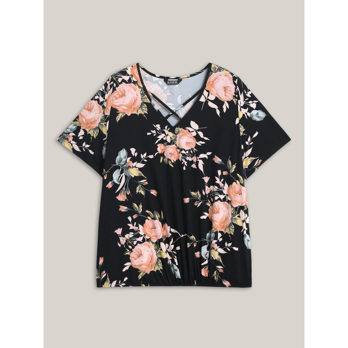 Plus Size Stretchy Larger Flower Print Neck Tie T-Shirt BlackFlower Women Contrast V-neck Everyday-Elegant T-shirts BloomChic 18-20/2X Product Image