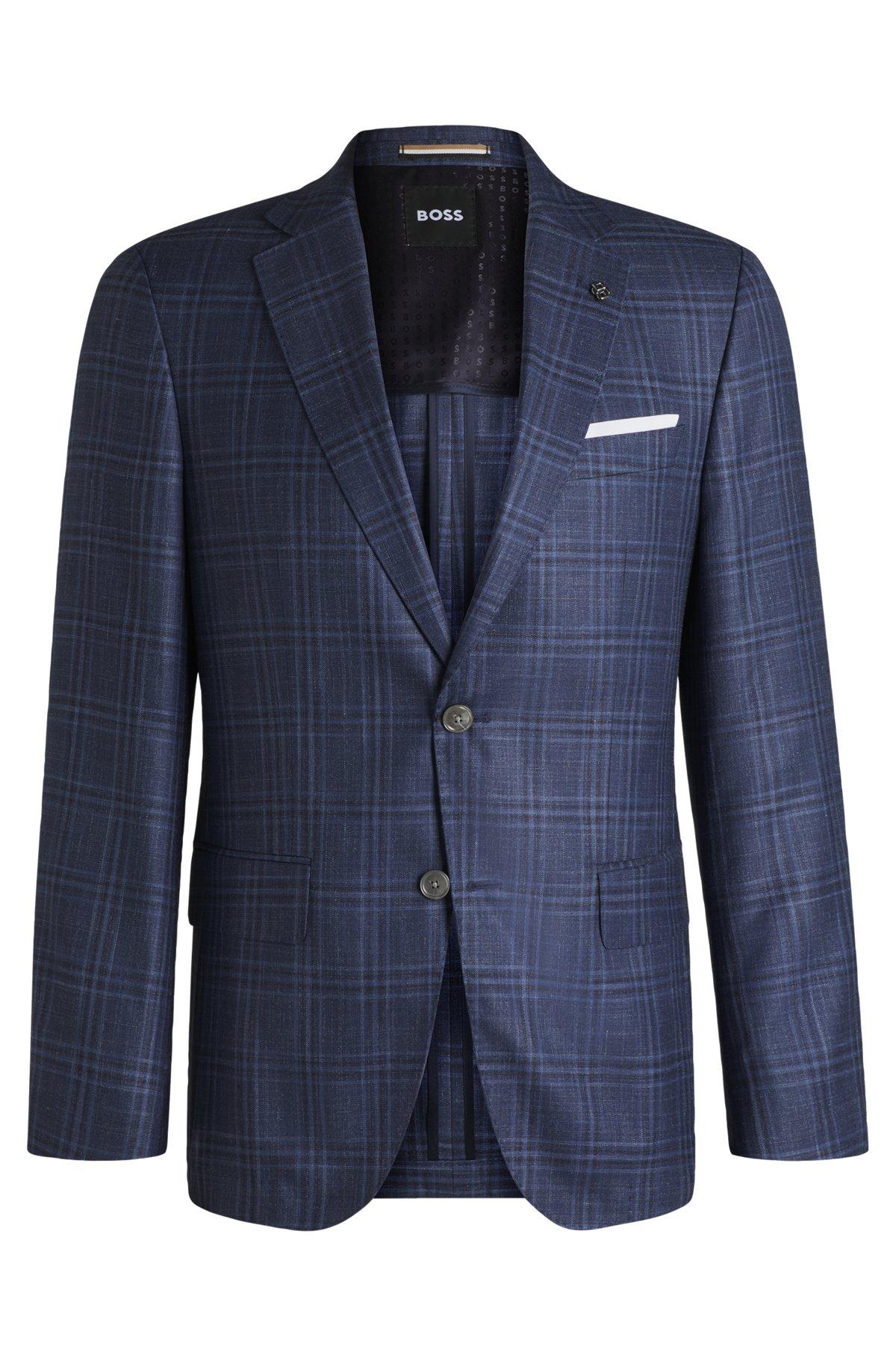 BOSS - Slim-fit blazer in checked virgin wool, silk and linen - Blue Product Image