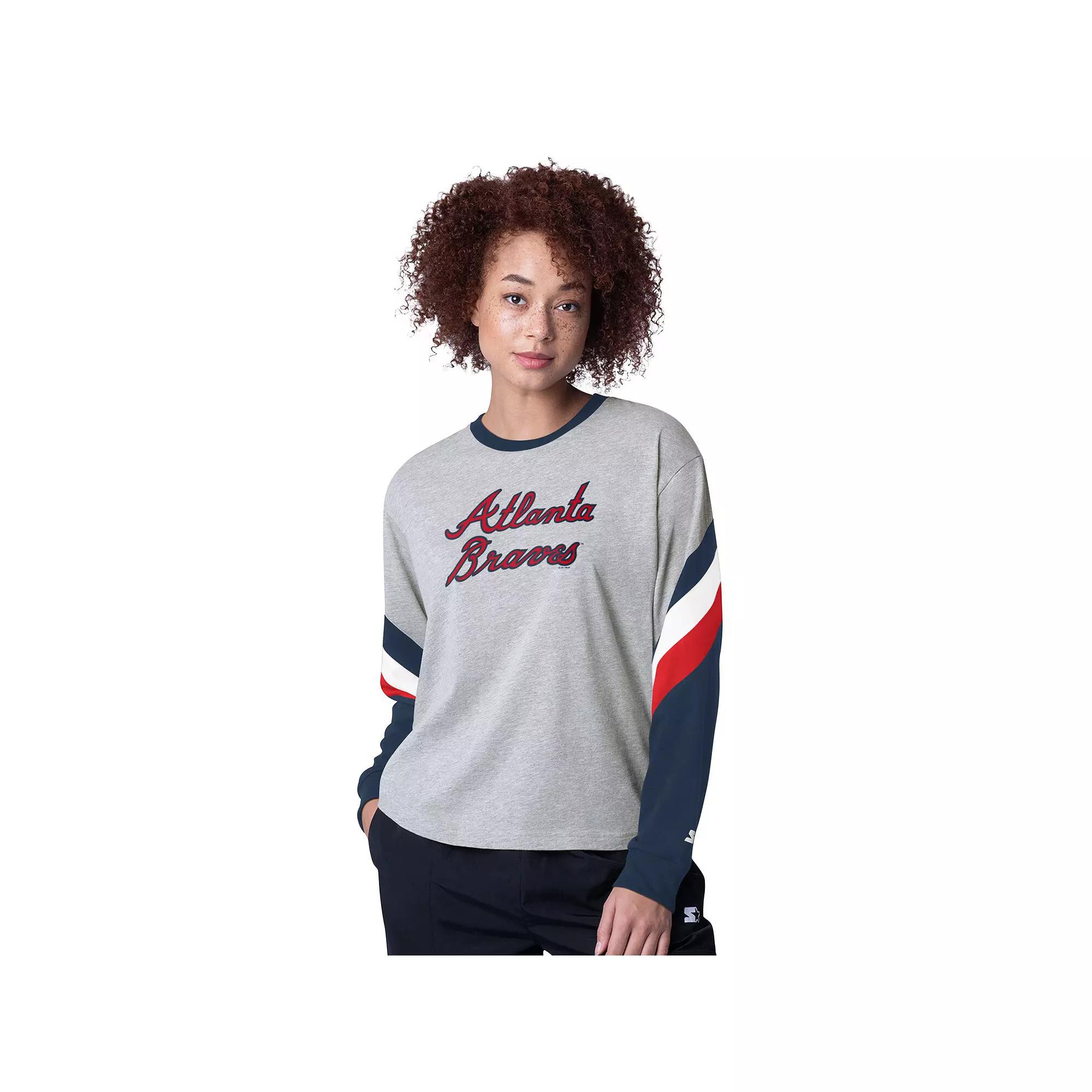 Women's Starter Heather Gray Atlanta Braves Triple A Fashion Color Block Long Sleeve Top,  Product Image